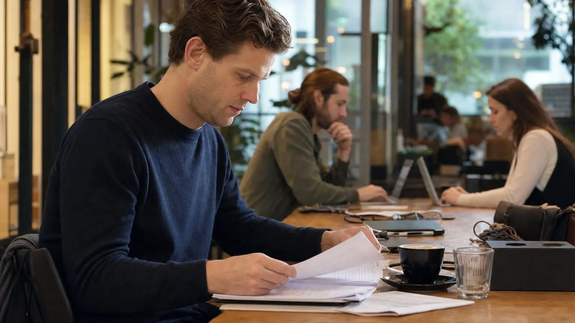 Professional in een drukke werkomgeving, omgeven door werk
