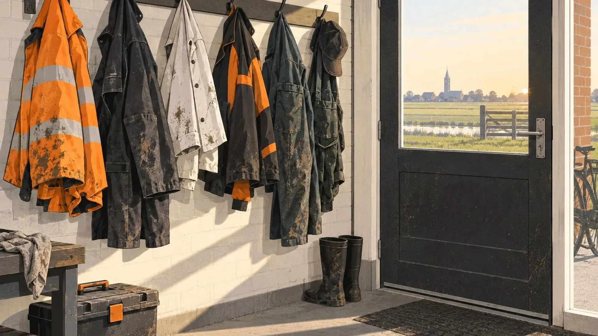 Verschillende werkjassen en uniformen die verkreukeld aan haken bij een achterdeur hangen, duidelijk zwaar gedragen.
