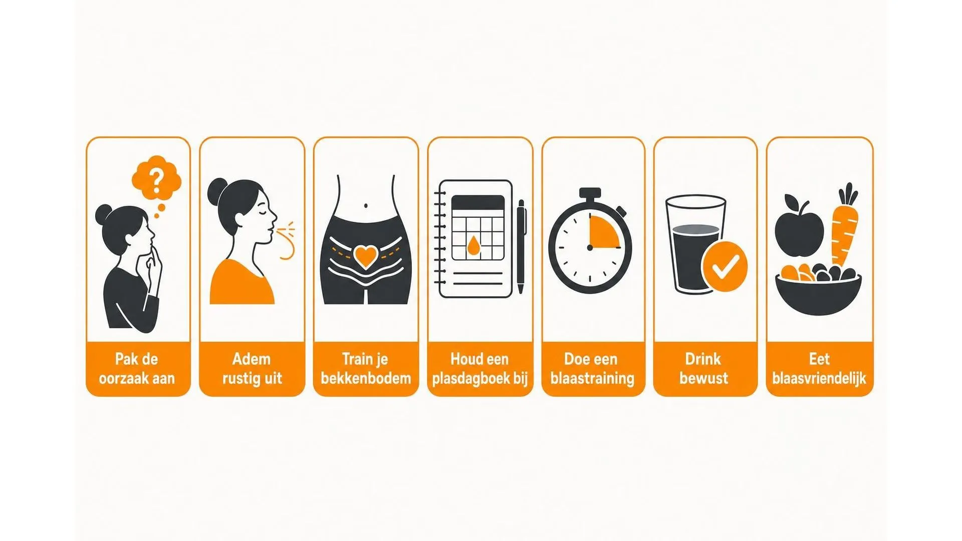 Zeven tips tegen vaak plassen door stress, elk met een eigen pictogram
