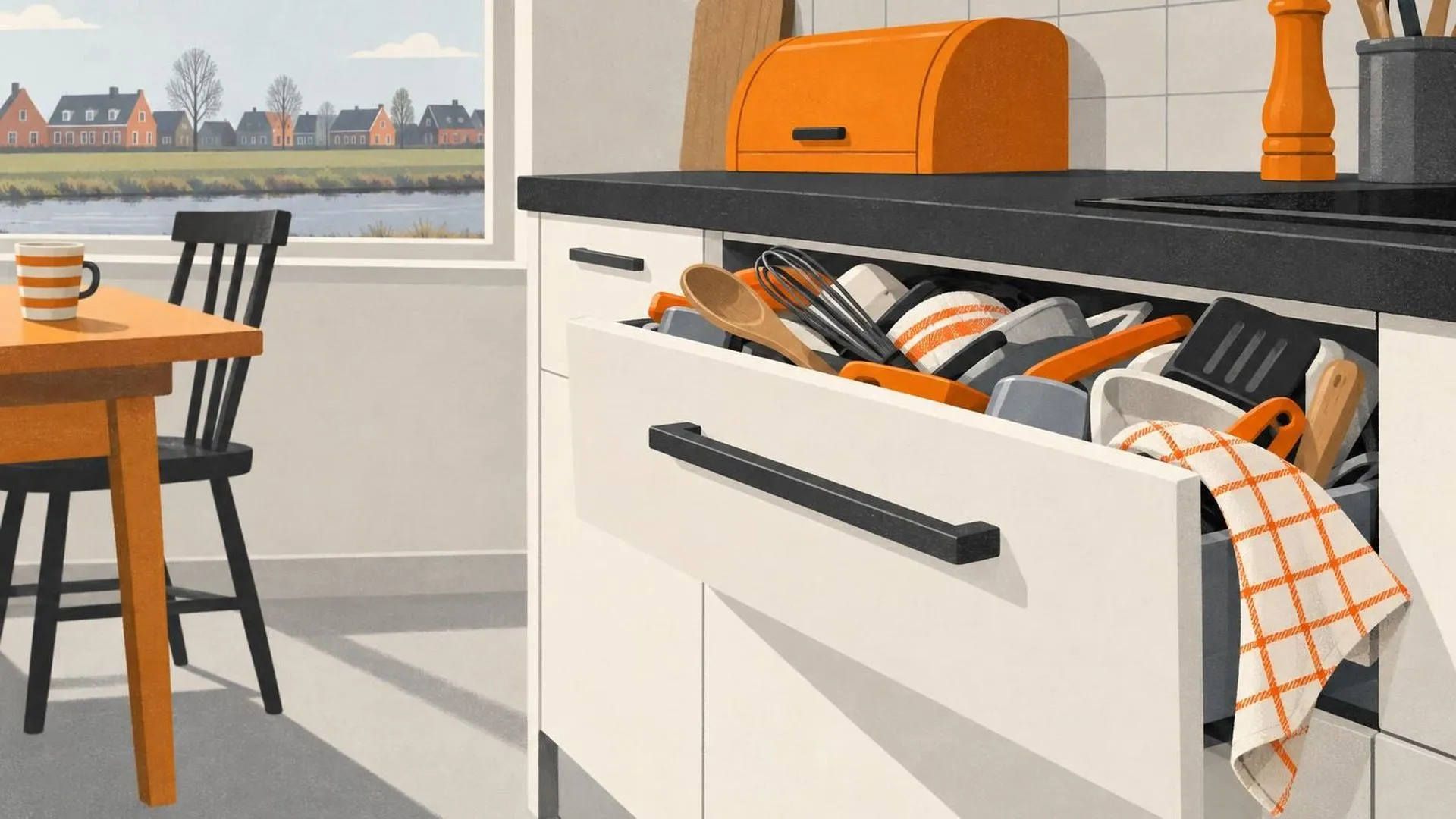 Een keukenlade die zo vol zit dat hij niet meer dichtgaat, met een hoekje van iets zachts vastgeklemd in de opening.