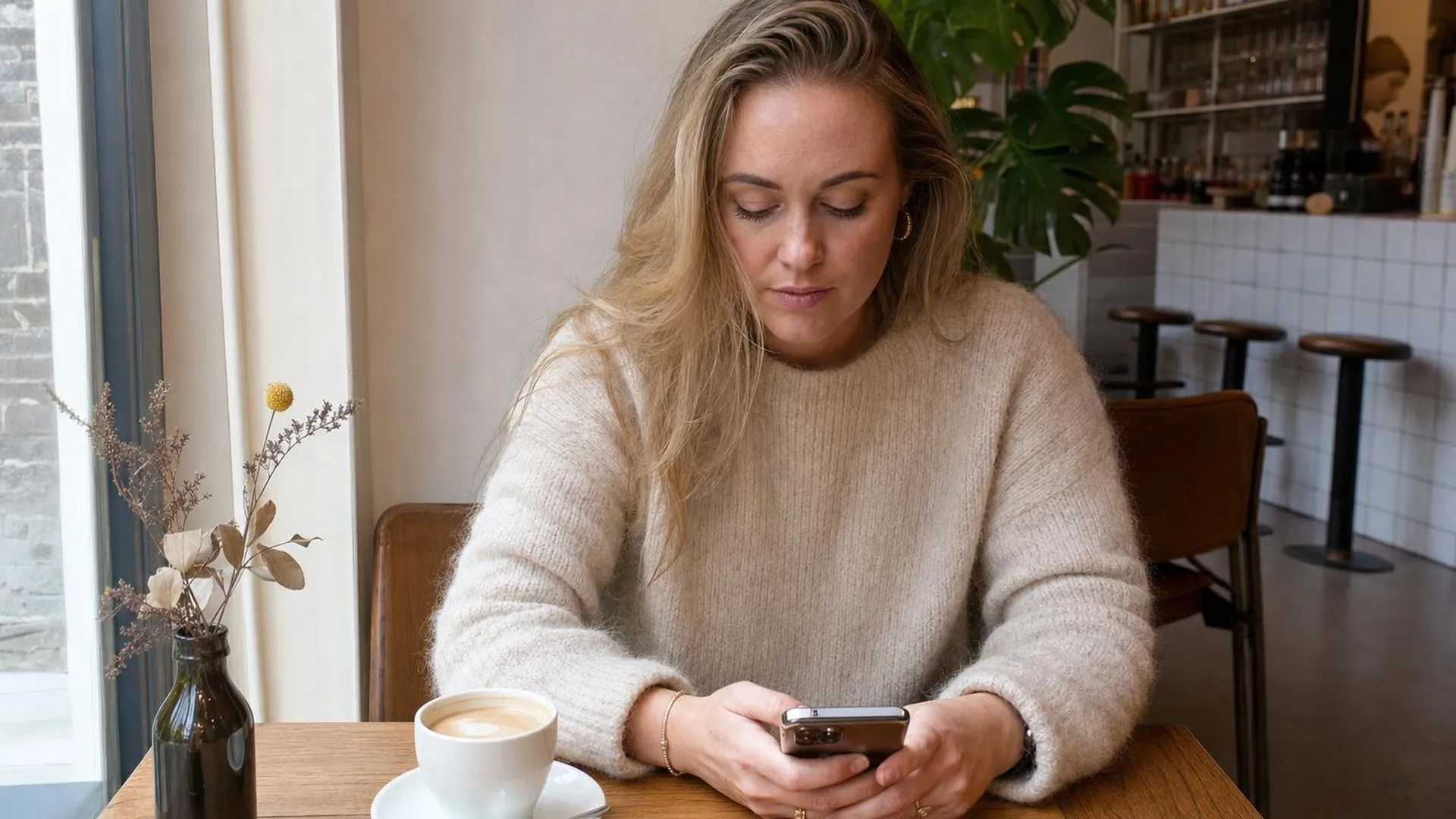 Persoon die peinzend zit met een onaangeroerd kopje koffie voor zich