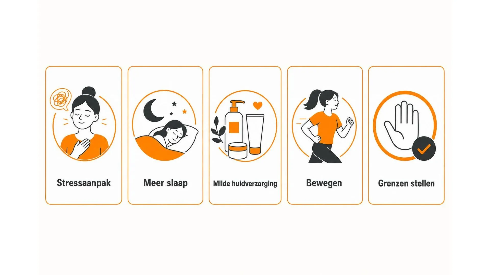 Vijf tips om acne door stress te verminderen: stressaanpak, slaap, milde huidverzorging, bewegen en grenzen stellen