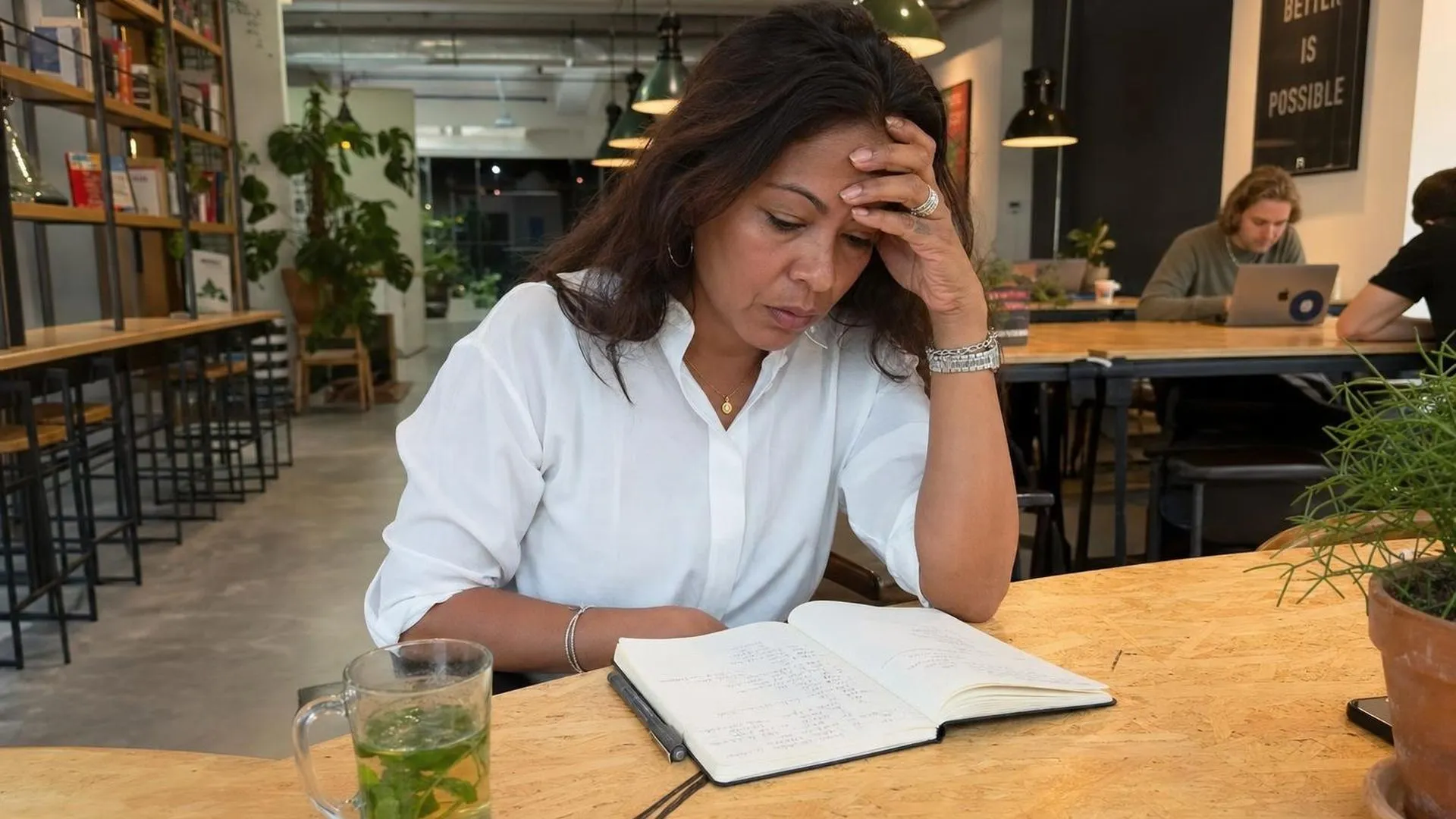 Persoon zit uitgeput aan een werktafel en staart naar een notitieboek
