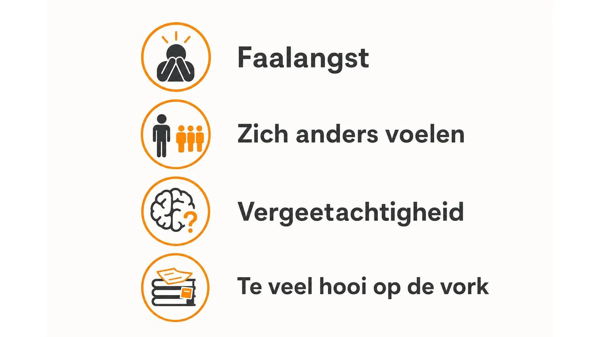 Vier veelvoorkomende stressbronnen bij mensen met ADD: faalangst, anders voelen, vergeetachtigheid en overbelasting