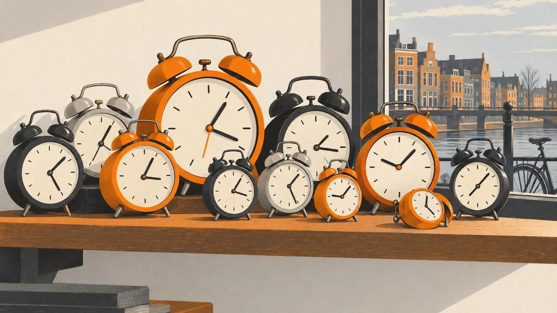 Een plank vol met een dozijn opwindwekkers van verschillende formaten die allemaal net iets anders lopen, één klein wekkertje ligt omgevallen op zijn kant.