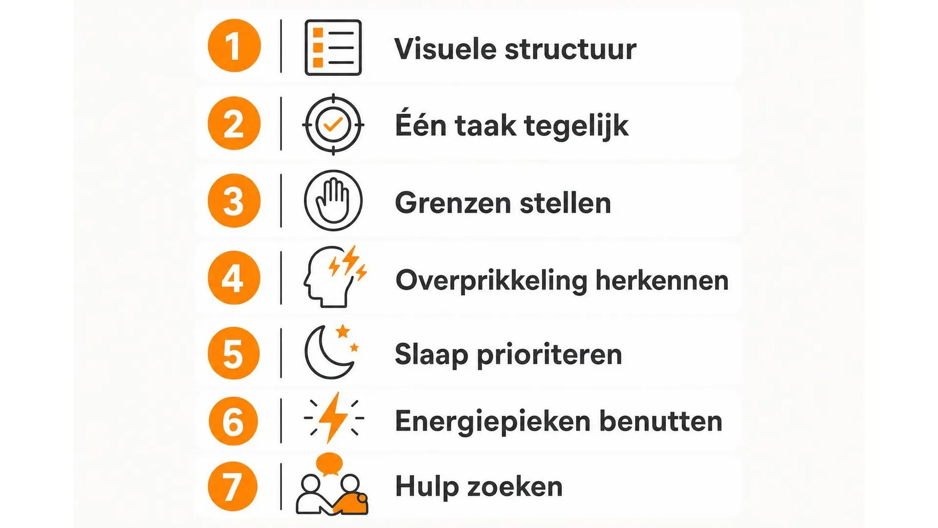 Zeven tips om burn-out te voorkomen bij ADHD, weergegeven als iconenlijst