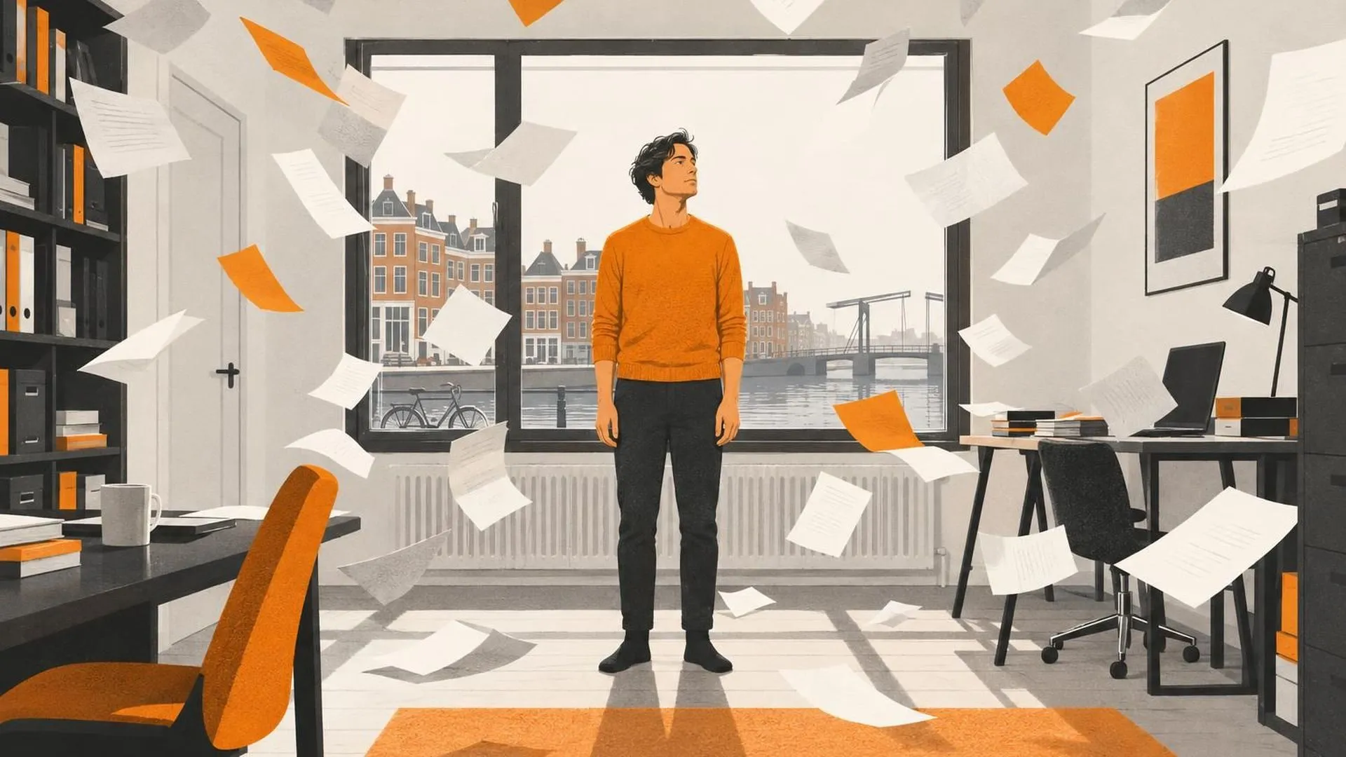 Een figuur die stokstijf stilstaat in een thuiskantoor, terwijl tientallen losse papieren om hem heen in de lucht hangen.