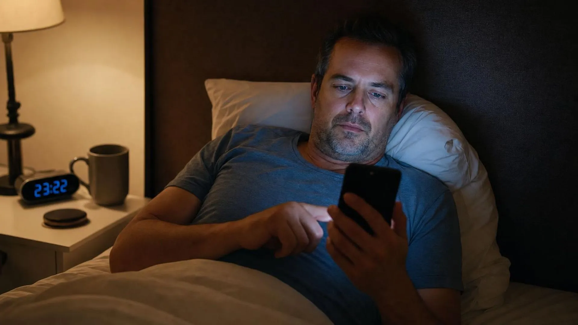 Man ligt 's nachts in bed met telefoonscherm verlicht in donkere slaapkamer