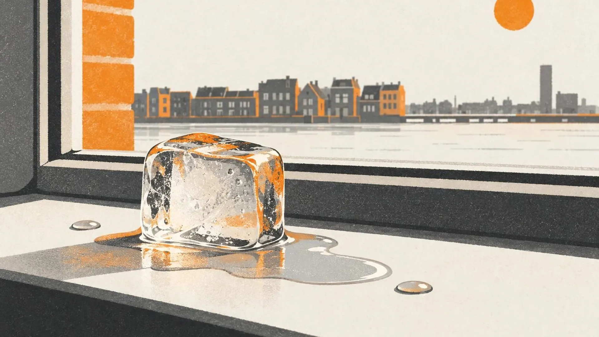 Een ijsblokje dat op een vensterbank smelt, met een plasje water dat eromheen ontstaat.