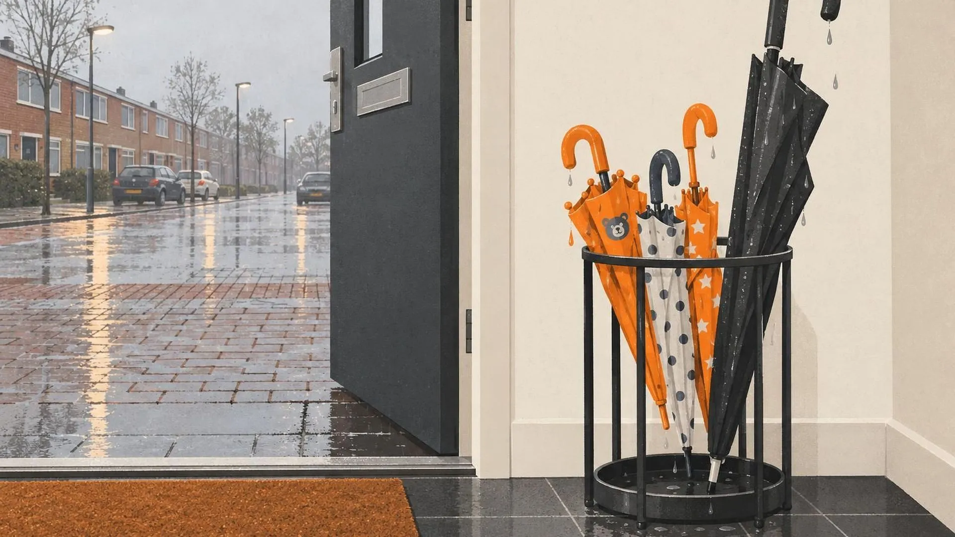Een paraplubak bij de voordeur bevat meerdere kleine kinderparaplu's en één paraplu voor een volwassene, allemaal nog nadruppelend van de regen die nacht.
