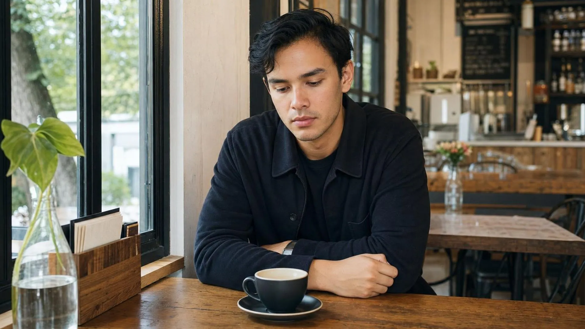 Iemand zit alleen aan een café-tafel en kijkt peinzend voor zich uit