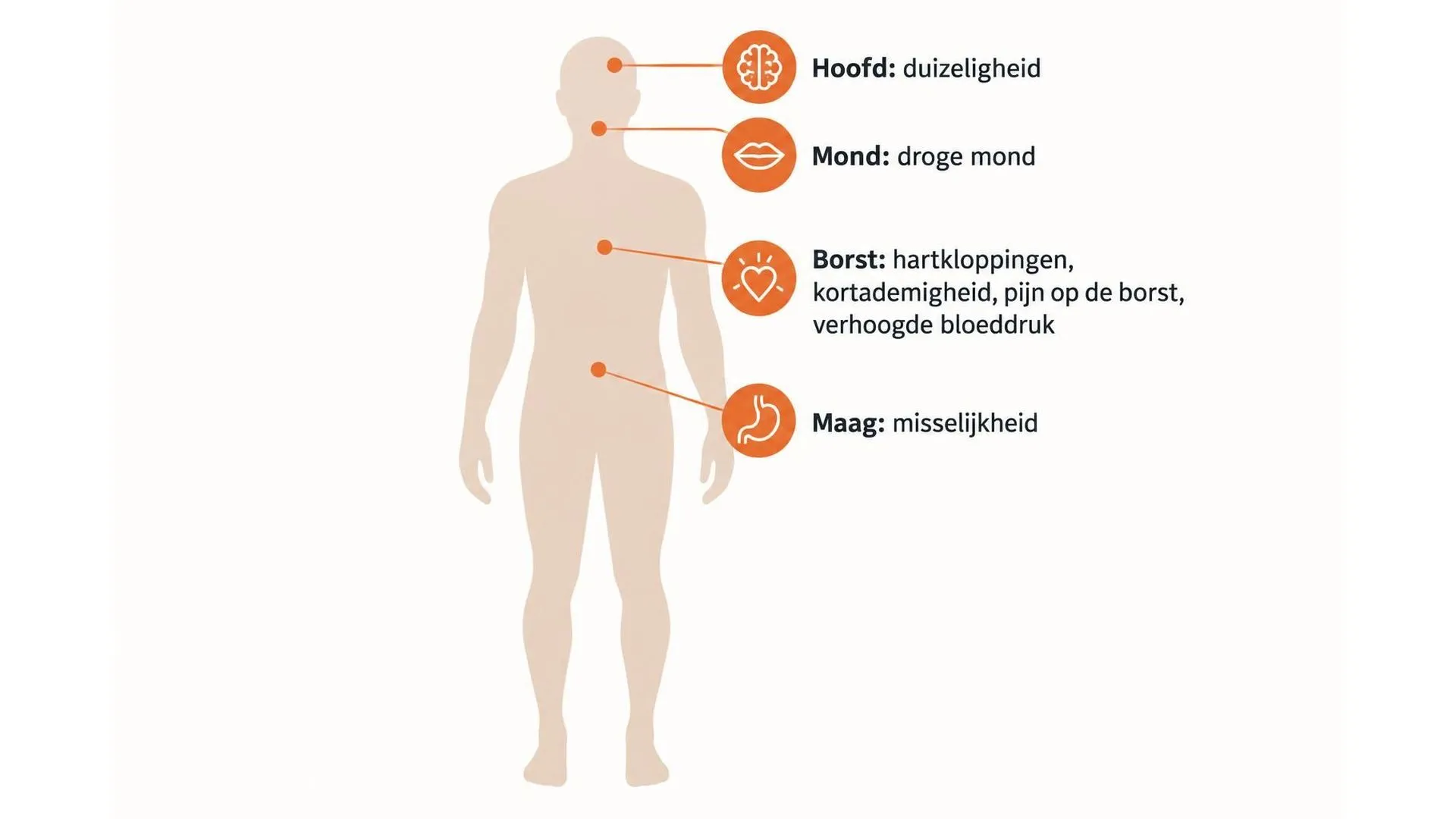 Lichaamsdiagram met vier plekken waar angst zich lichamelijk uit: hoofd (duizeligheid), mond (droge mond), borst (hartkloppingen, kortademigheid, pijn op de borst, verhoogde bloeddruk) en maag (misselijkheid)