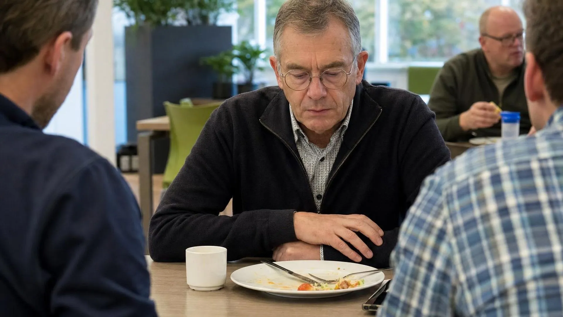 Persoon die verzonken in gedachten zit aan een lunchtafel, met een onaangeroerd bord voor zich