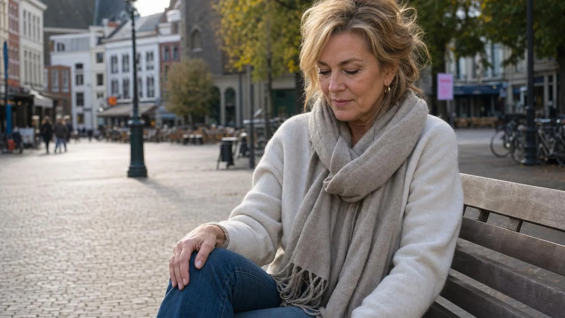 Persoon zit op een bankje op een plein, pauzeert even en kijkt naar beneden