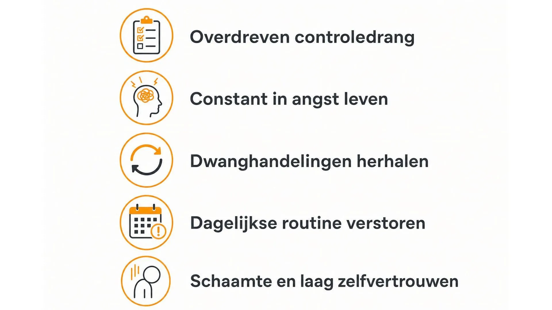 Vijf veelvoorkomende symptomen van een dwangstoornis, waaronder controledrang, angst en schaamte