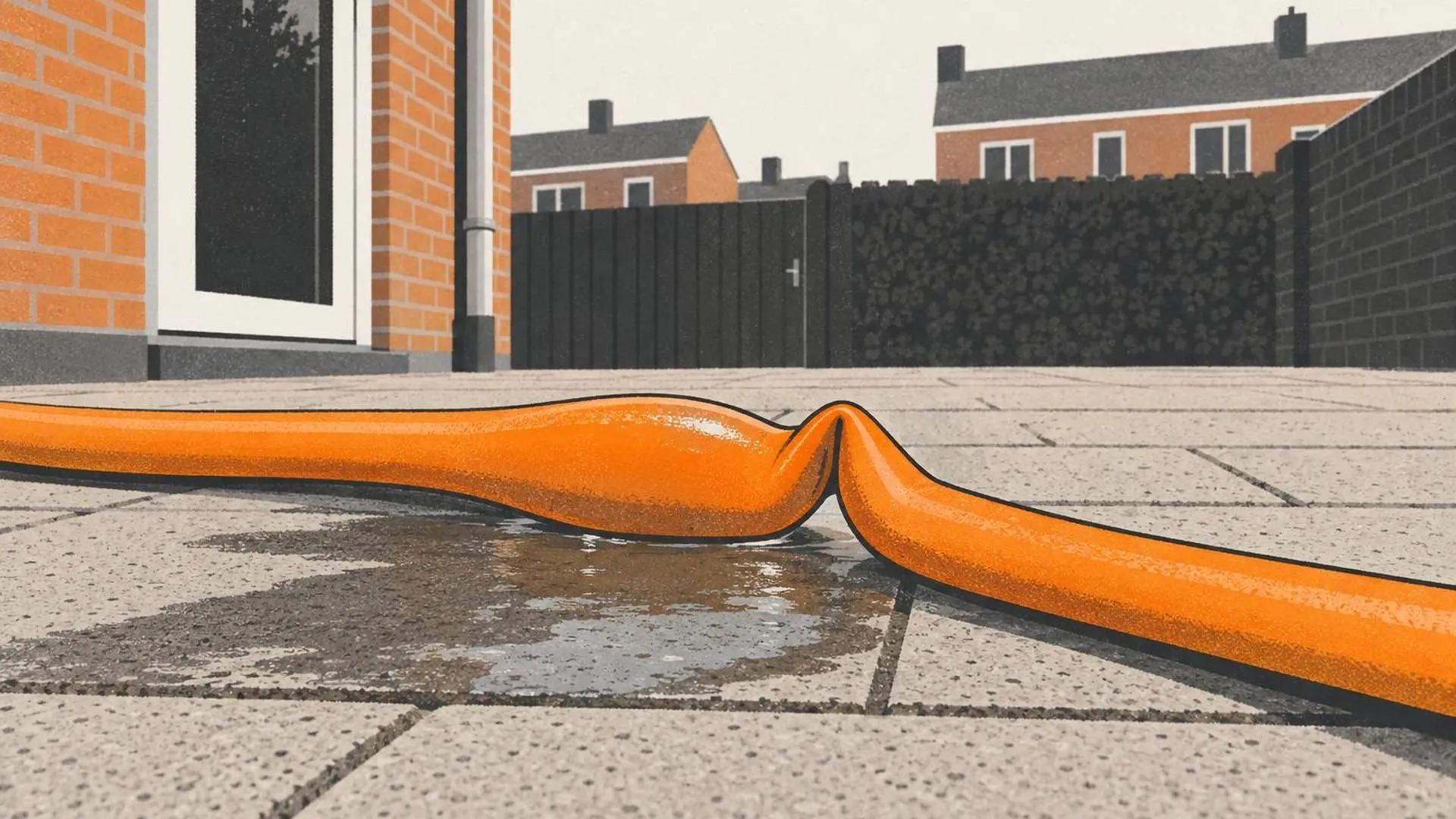 Een tuinslang die halverwege scherp geknikt is, met water dat zich er net vóór opstuwt.