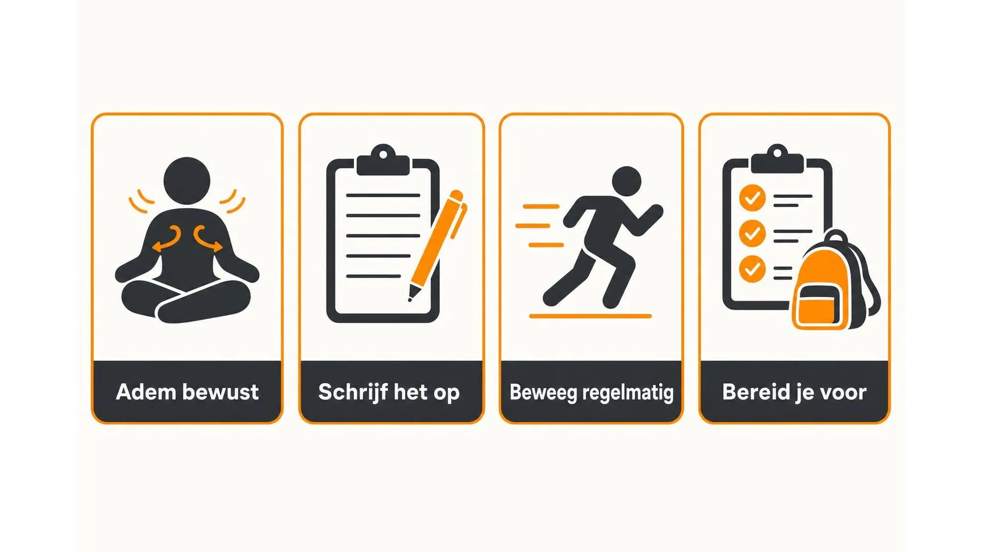 Vier praktische tips tegen anticipatieangst: adem bewust, schrijf het op, beweeg regelmatig, bereid je voor