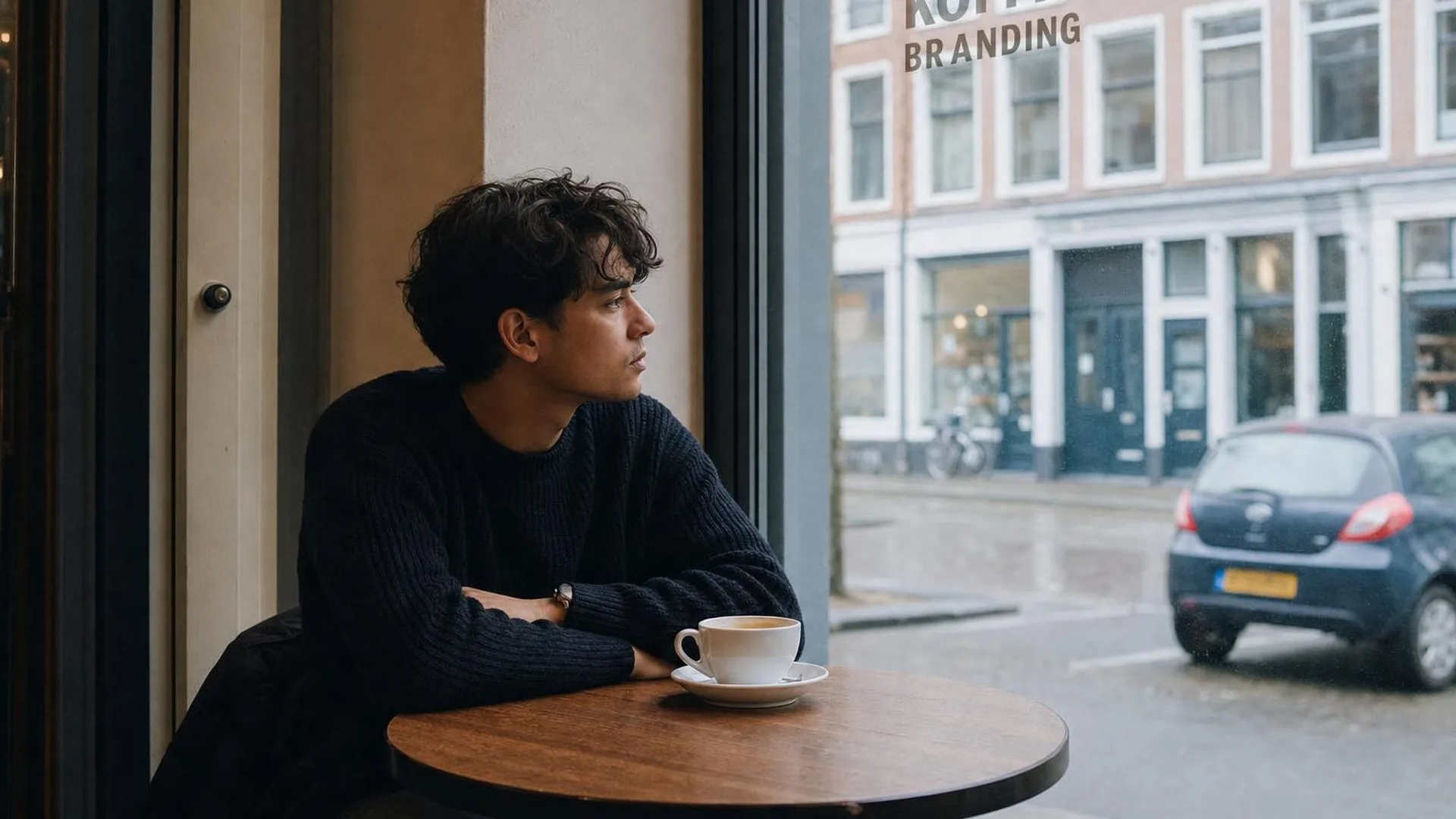 Persoon zit peinzend bij een cafétafel en kijkt naar buiten