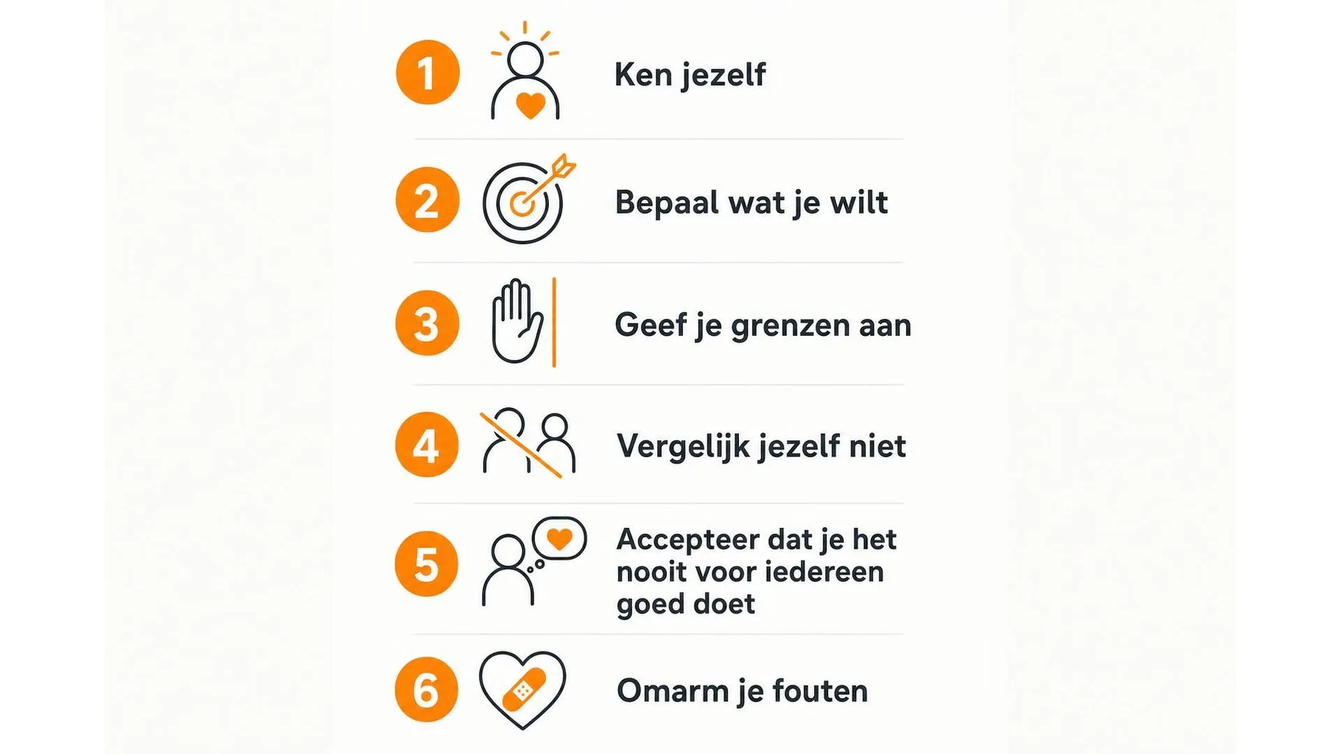 Zes stappen naar meer autonomie weergegeven als genummerde lijst met icoontjes