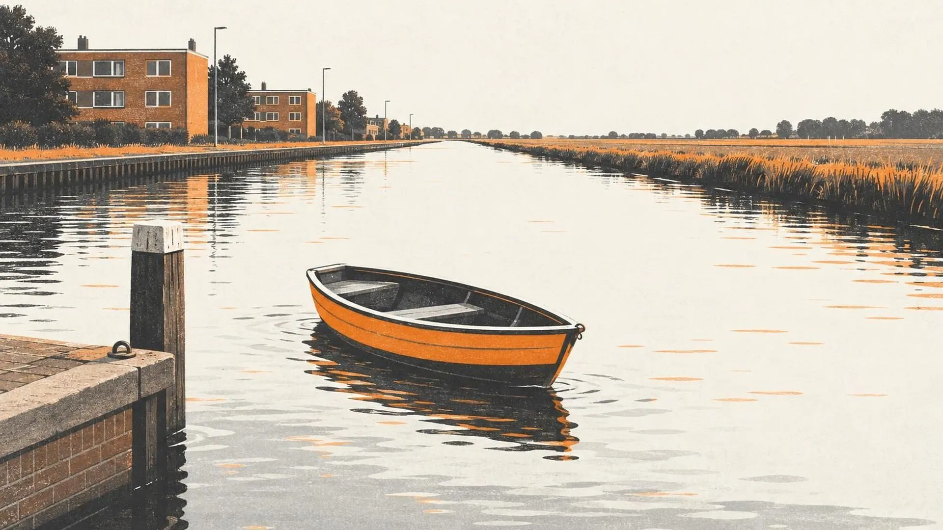 Een roeibootje dat losgemaakt van de meerpaal langzaam wegdrijft van de kade.