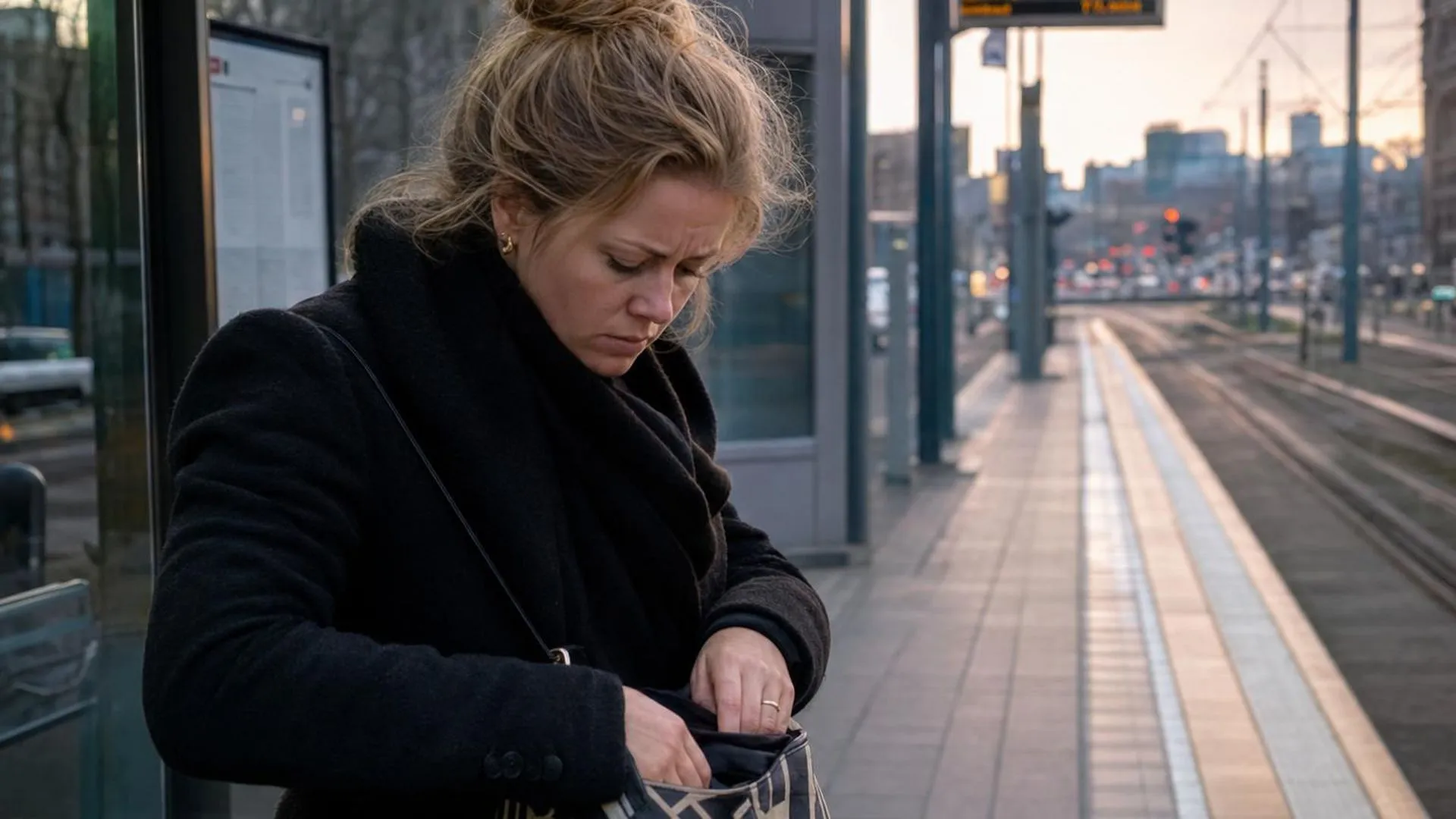 Persoon op tramperron die pauzeert met gespannen houding voor het werk