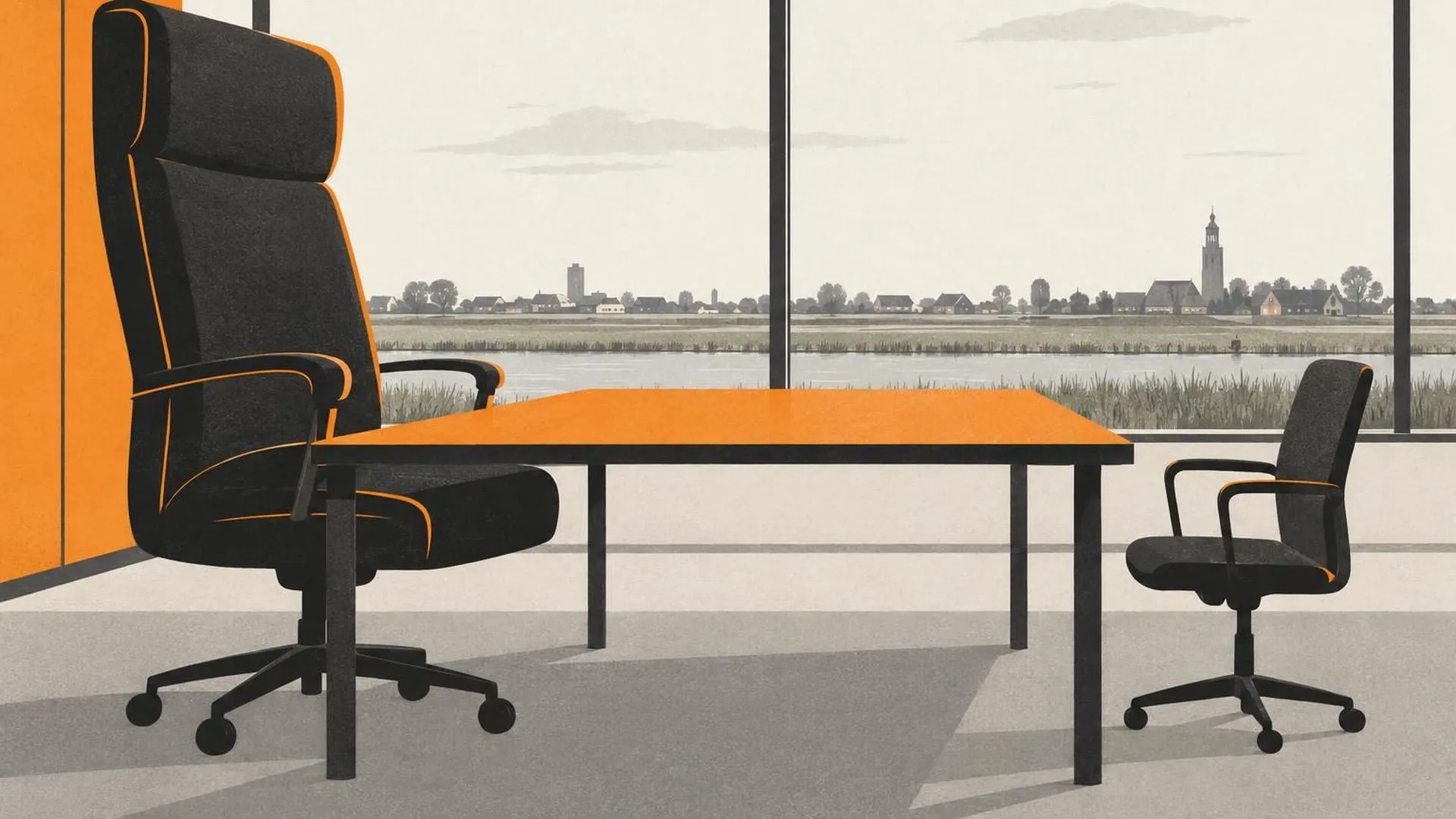 Twee bureaustoelen aan een lege vergadertafel: een enorme hoge directiestoel naast een veel kleiner, gewoon stoeltje.