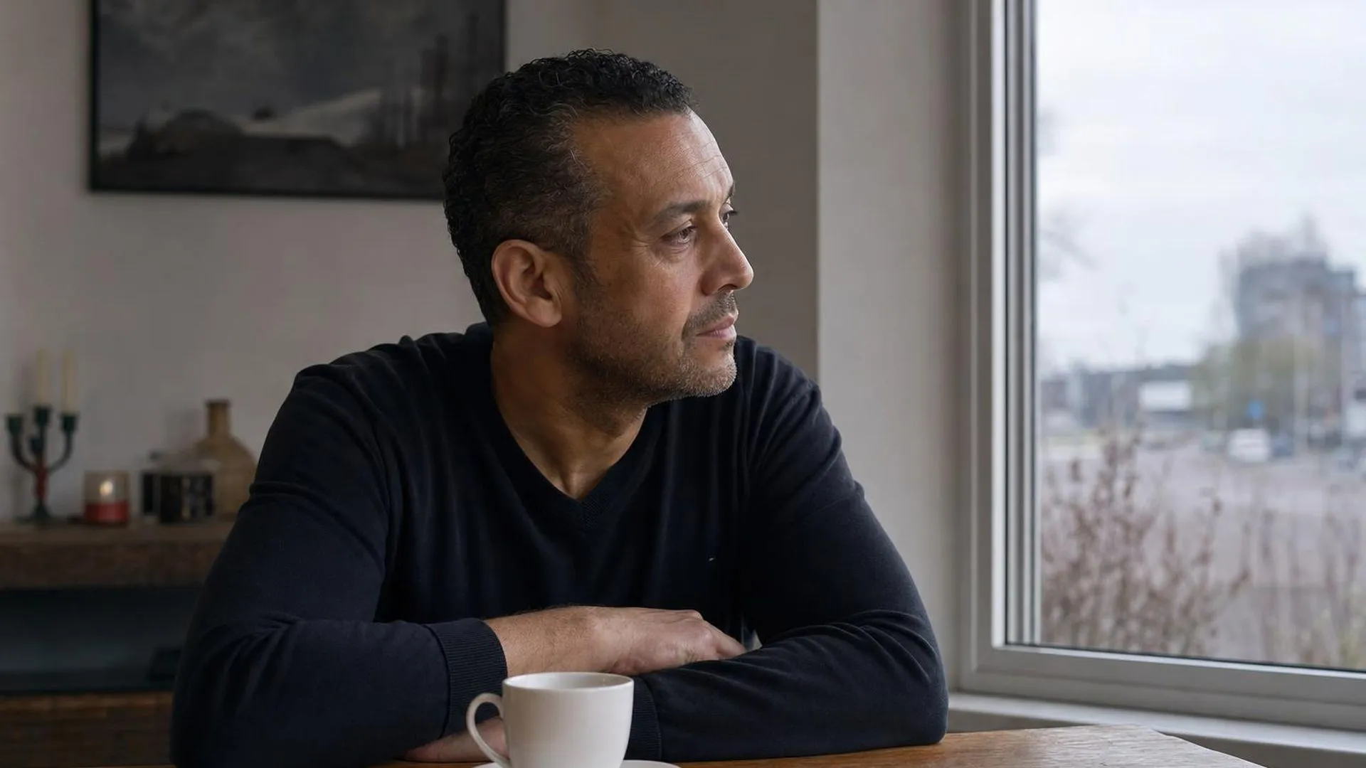 Persoon zit aan tafel met onaangeraakt kopje koffie en staart naar buiten