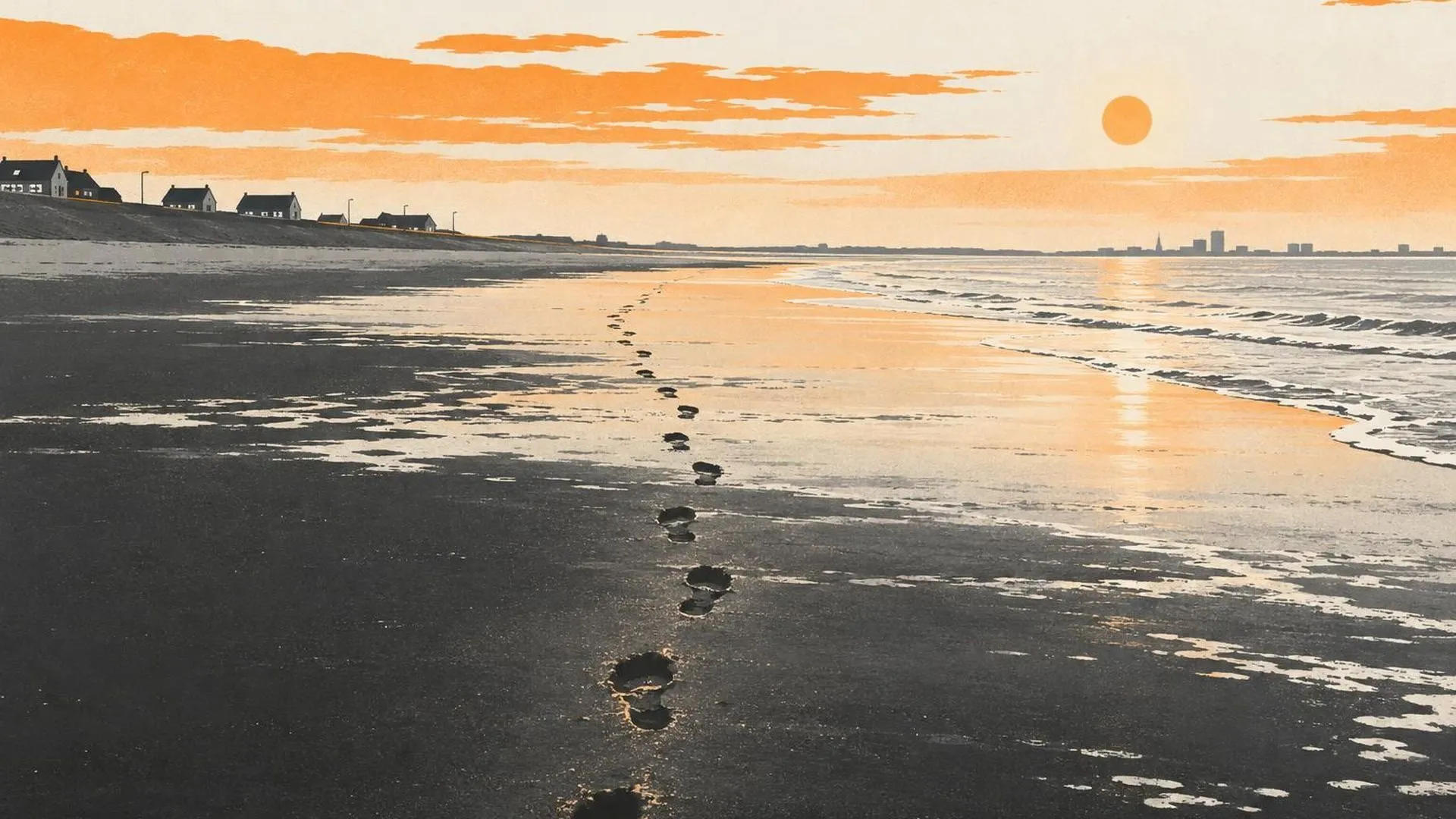Van bovenaf voetstappen in nat zand die van een donkere strook strand naar een door de ochtendzon verlicht deel lopen.