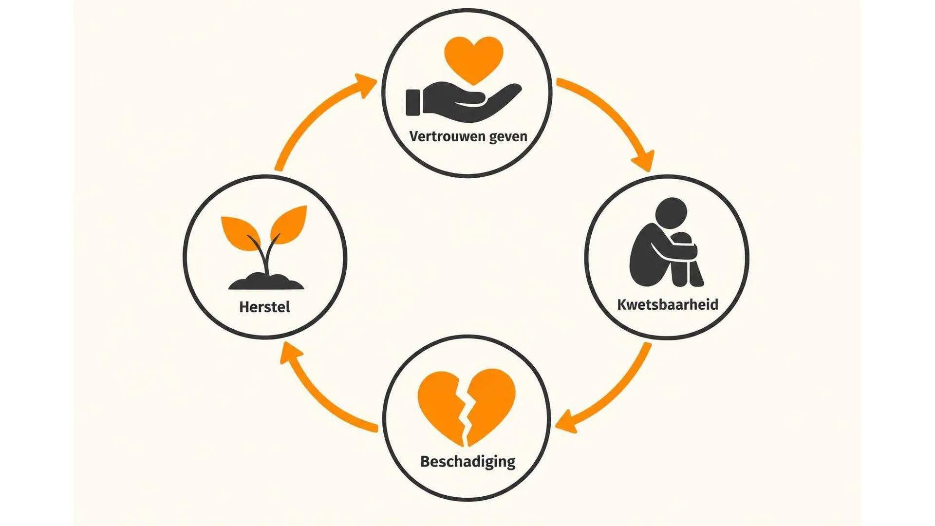 Cirkeldiagram waarin vertrouwen geven leidt tot kwetsbaarheid, kwetsbaarheid soms tot beschadiging, en beschadiging weer tot herstel en hernieuwd vertrouwen