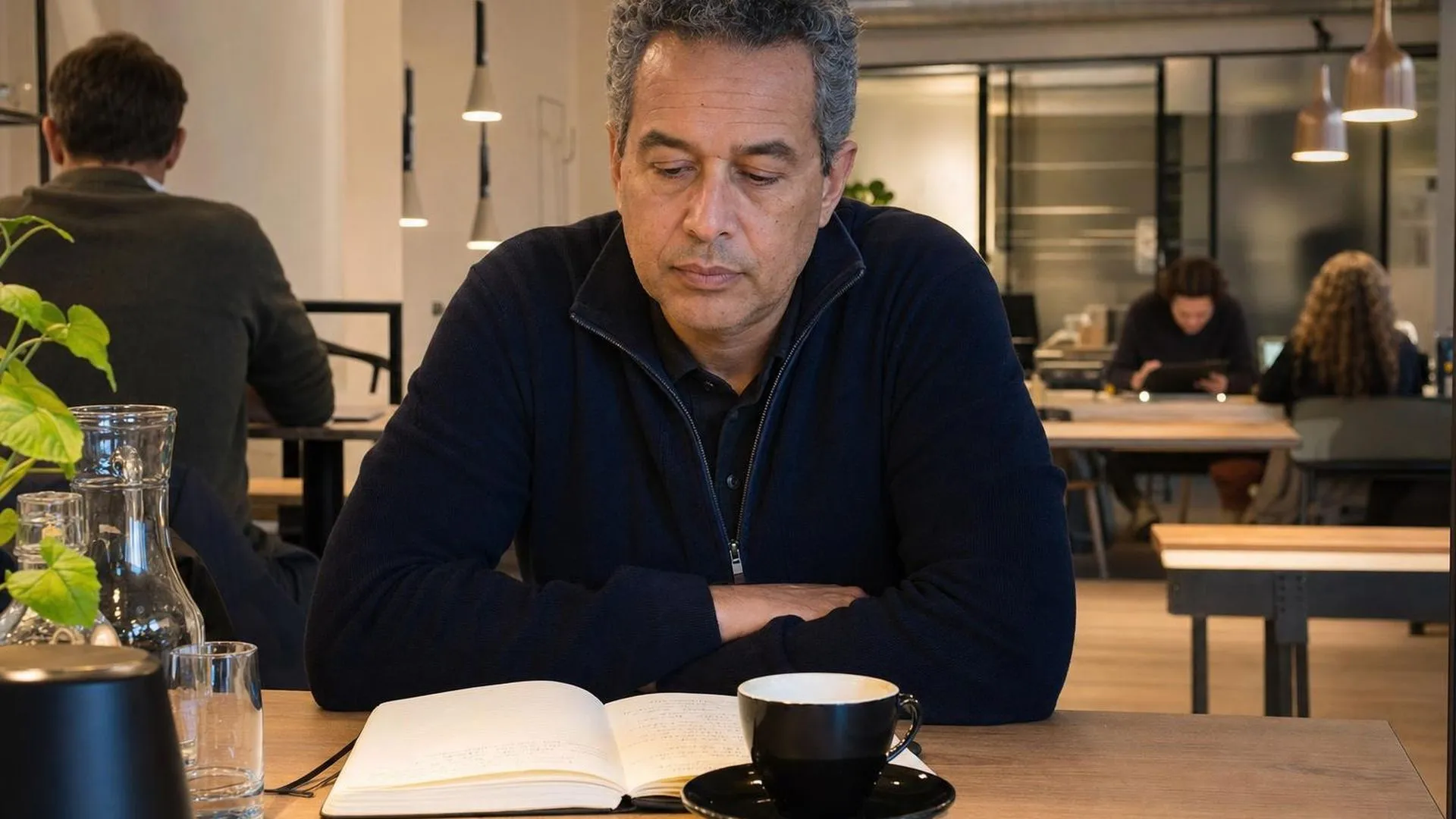 Persoon staart peinzend naar een notitieboek in een café