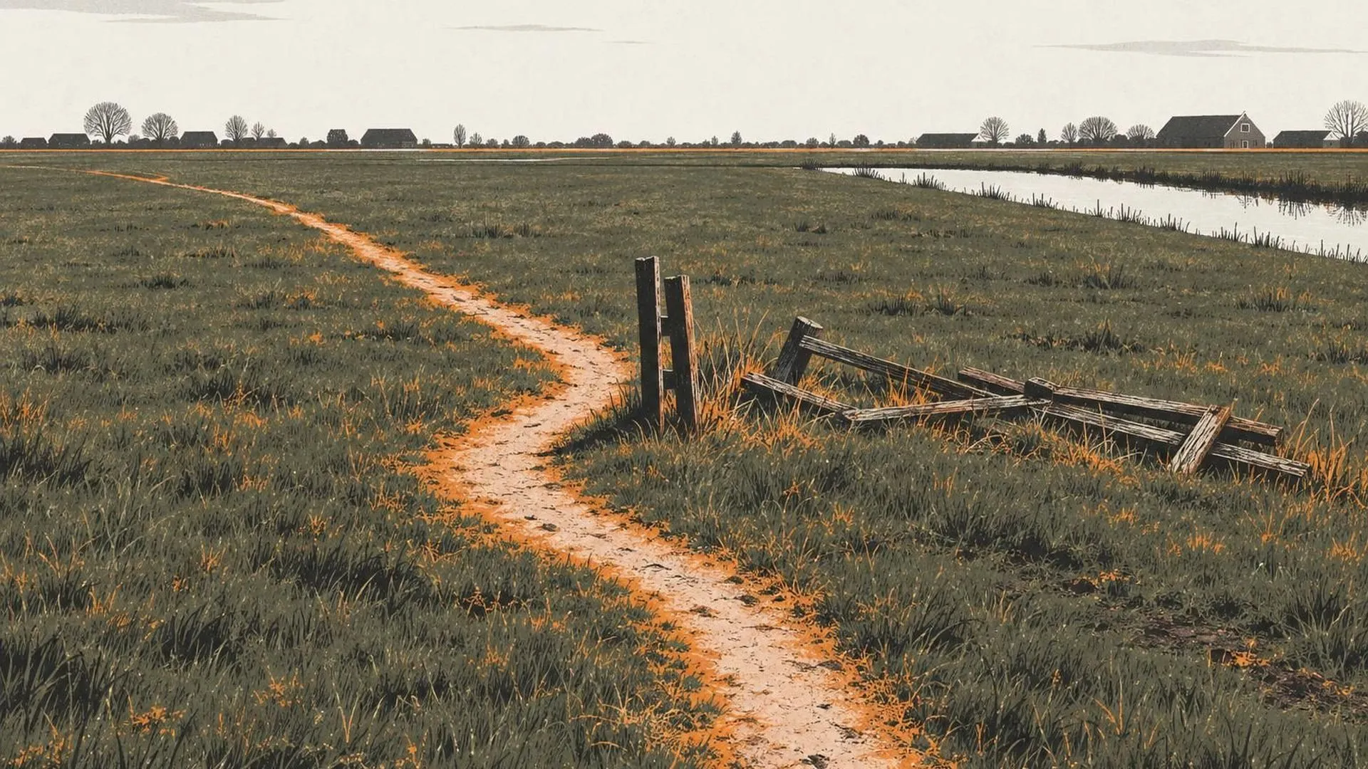 Van bovenaf een ingesleten paadje over een gazon dat scherp om de plek buigt waar ooit een hekje stond, dat nu plat in het gras ligt.