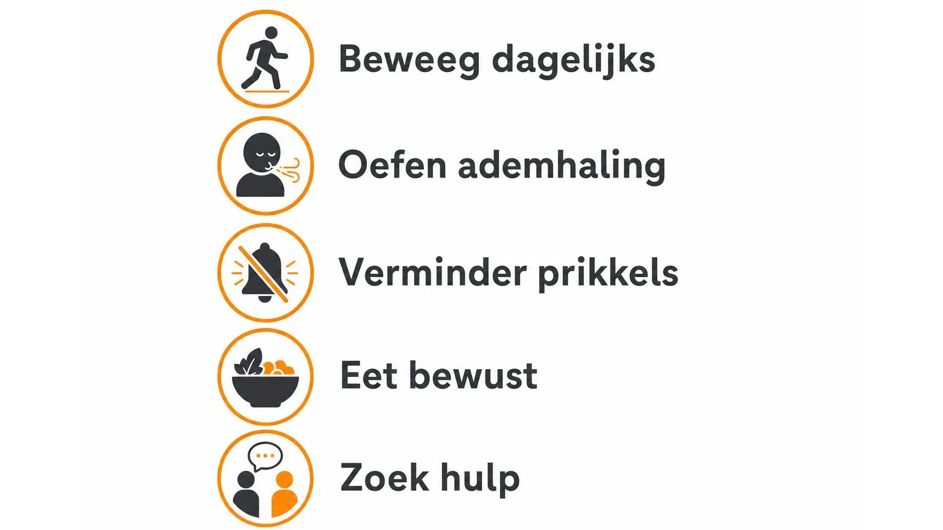 Vijf tips om schrikkerigheid door stress te verminderen: bewegen, ademhaling, prikkels verminderen, bewust eten en hulp zoeken