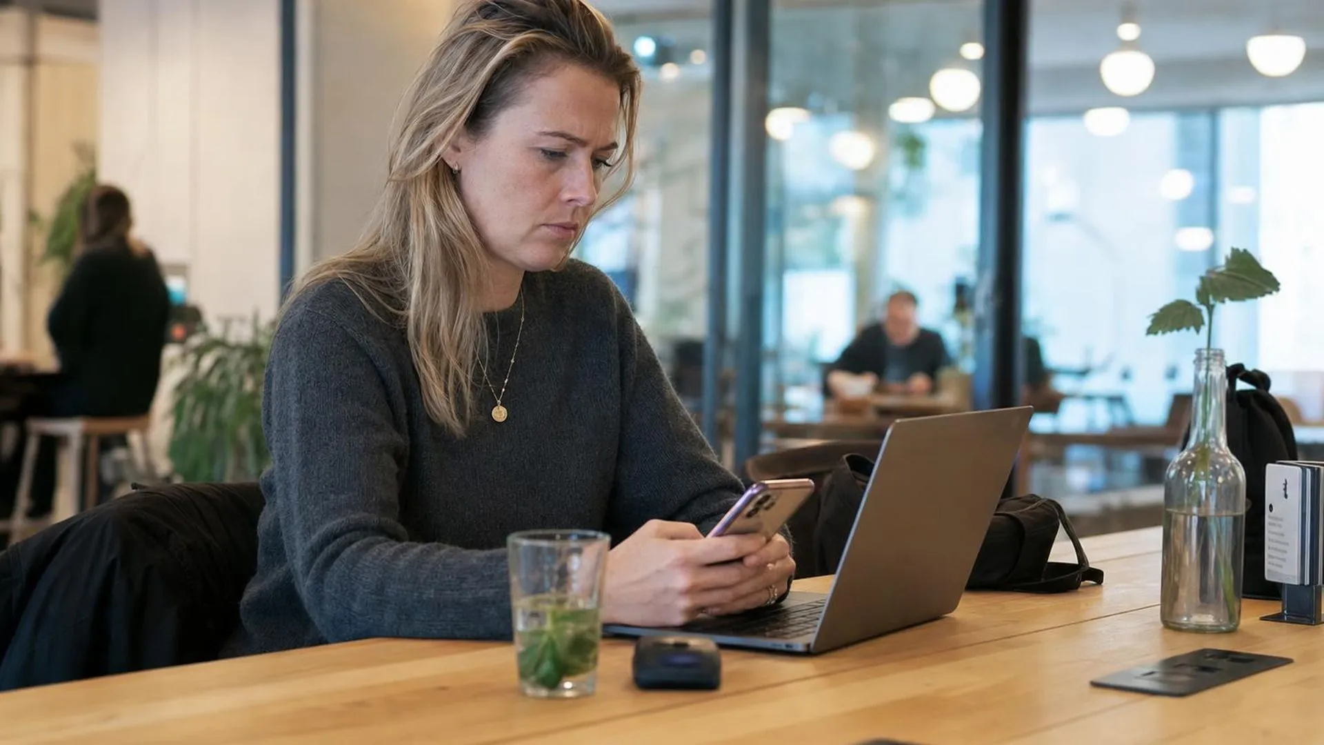Persoon zit gespannen aan een tafel in een café en kijkt naar zijn telefoon