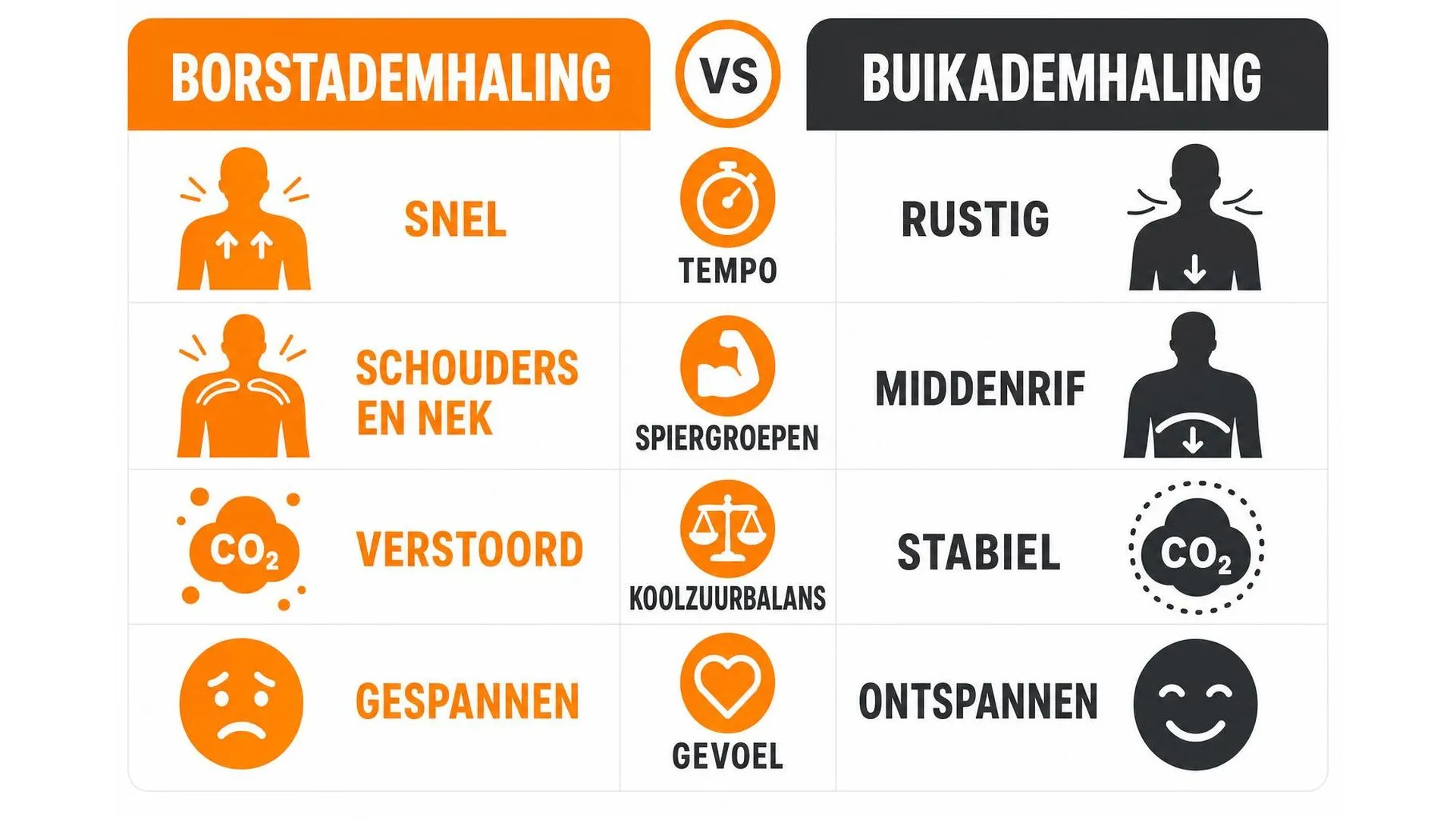 Vergelijking tussen borstademhaling en buikademhaling bij stress