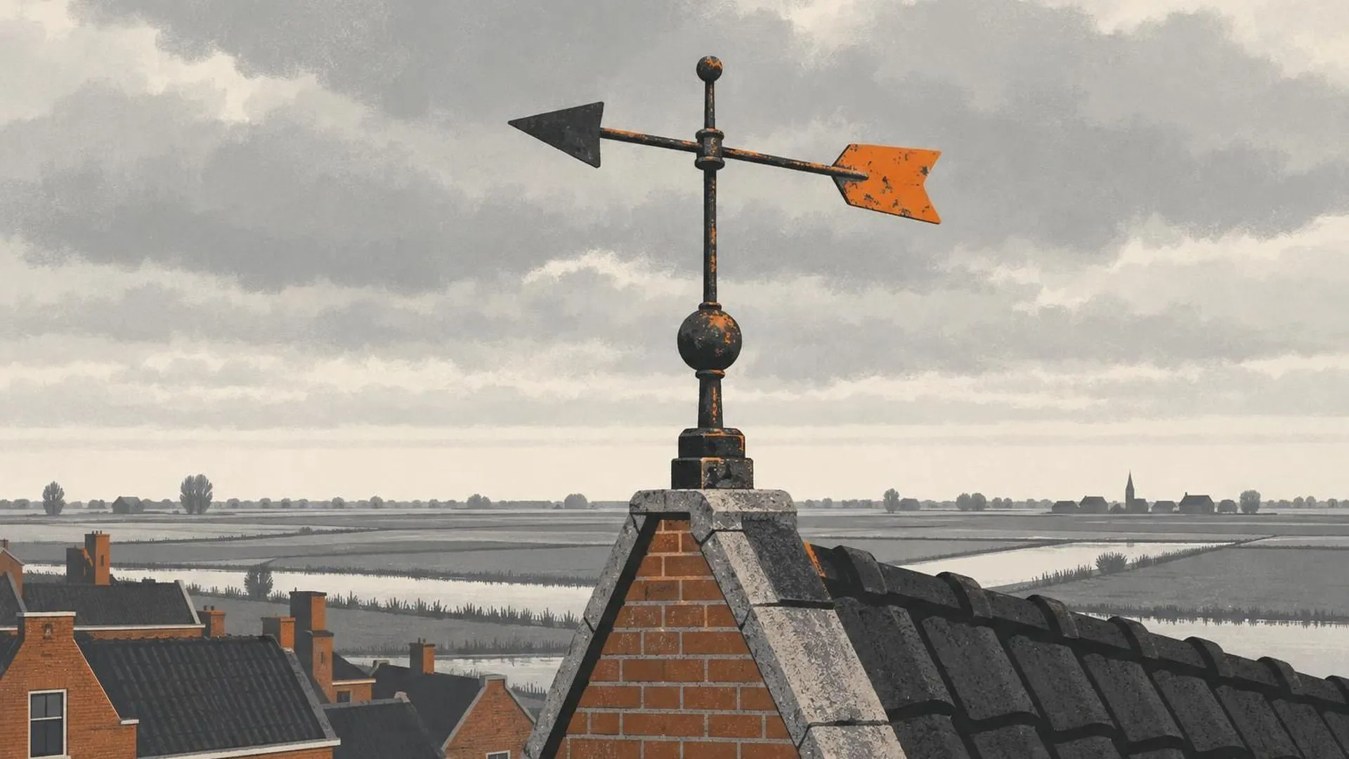 Een weerhaan op een dak die tussen twee richtingen in blijft hangen onder een grijze lucht.