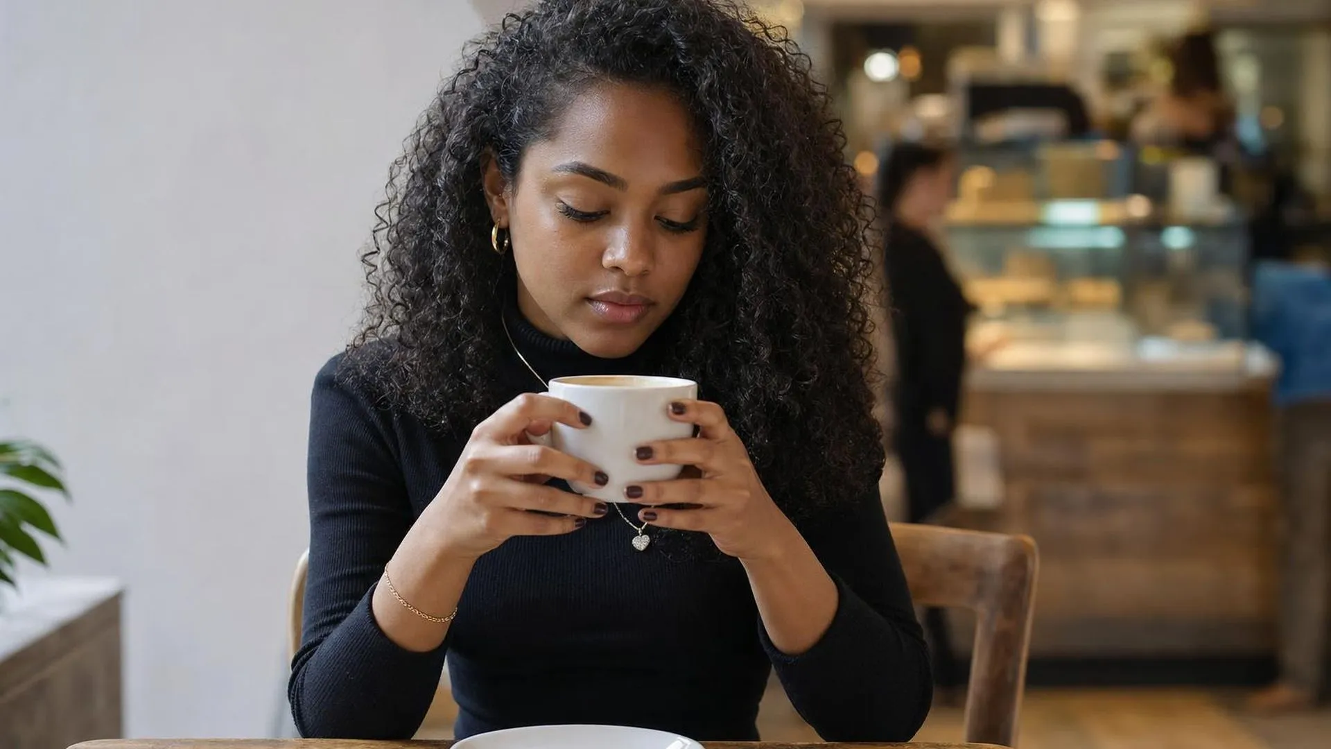 Iemand zit in gedachten verzonken aan een cafétafel, op zoek naar rust en zelfacceptatie