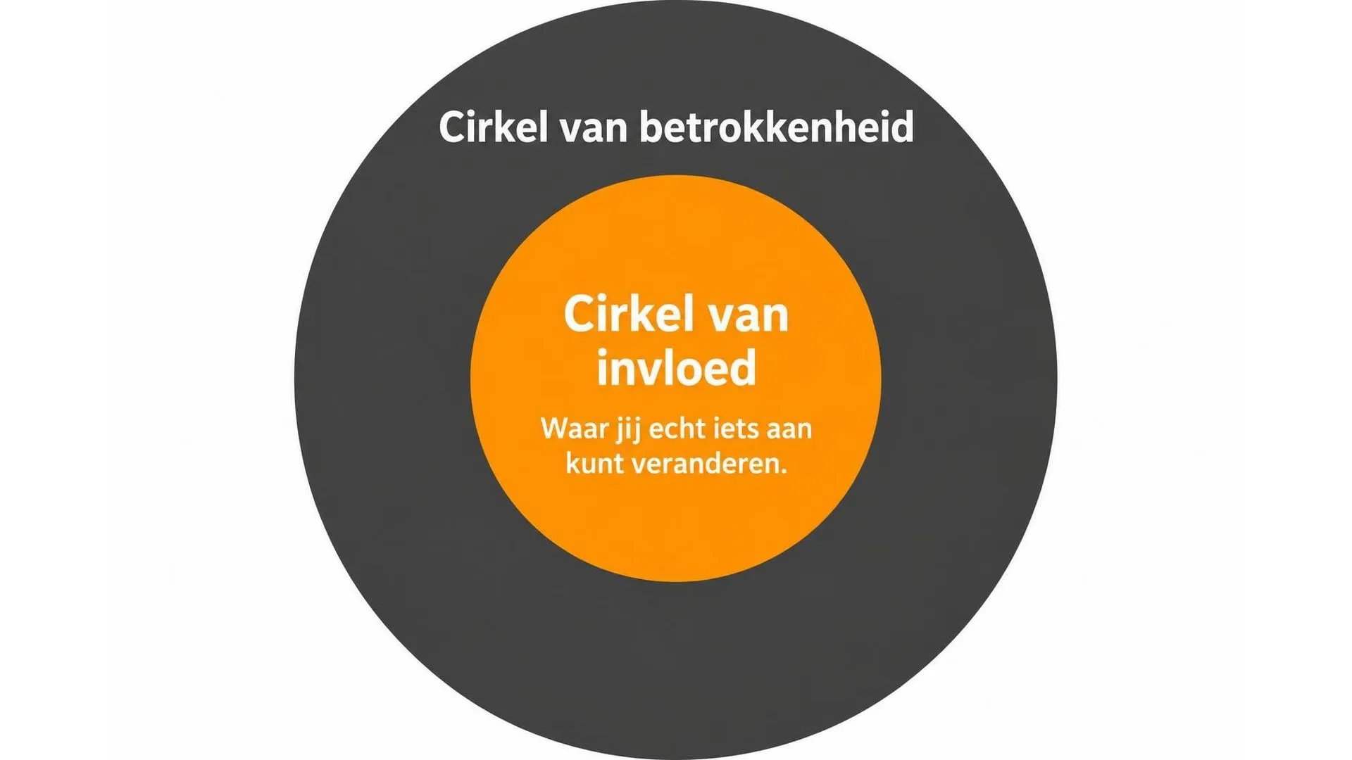 Twee concentrische cirkels: de buitenste cirkel is de cirkel van betrokkenheid (alles waar je je zorgen over maakt), de binnenste cirkel is de cirkel van invloed (waar je daadwerkelijk iets aan kunt veranderen).