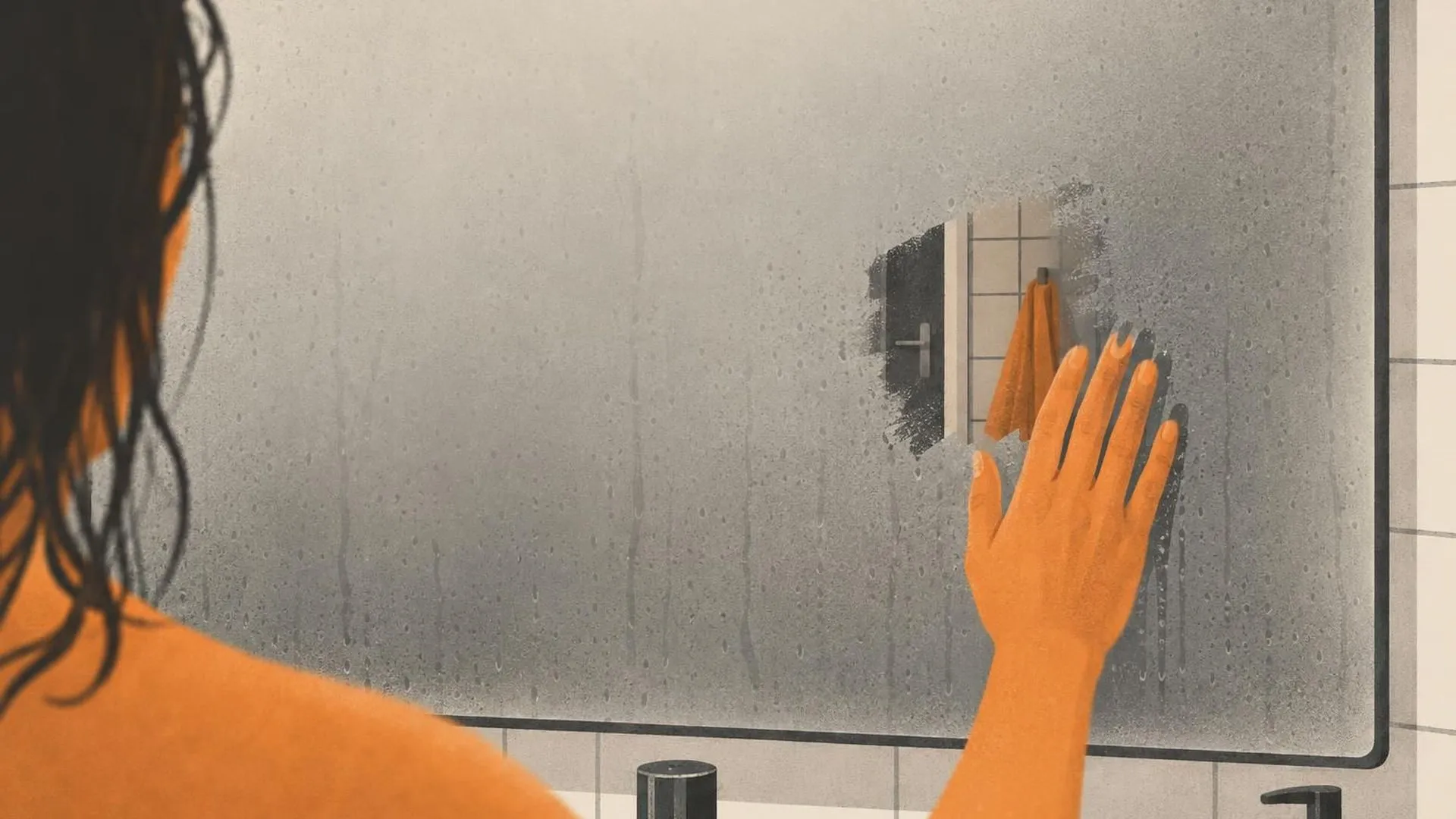 Een beslagen badkamerspiegel met één klein schoongeveegd plekje, te klein om meer dan een fragment te tonen