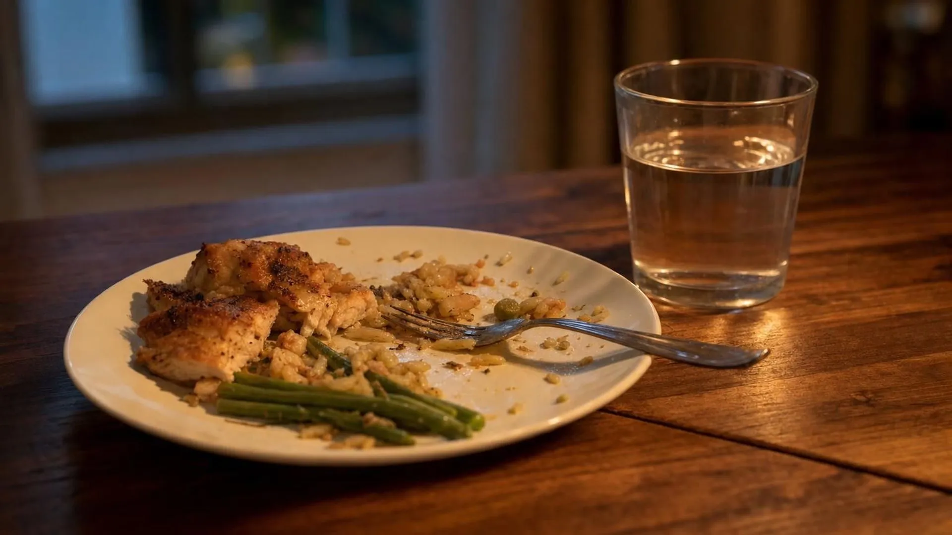 Half opgegeten warme maaltijd naast een glas water op een houten tafel in zacht avondlicht