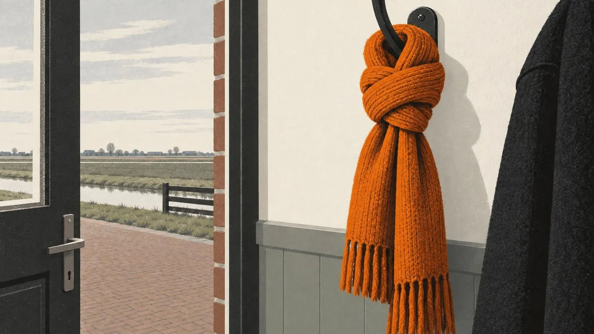Een wollen sjaal is strak om een jashaak aan de muur gewonden en op keelhoogte in een strakke knoop geknoopt.