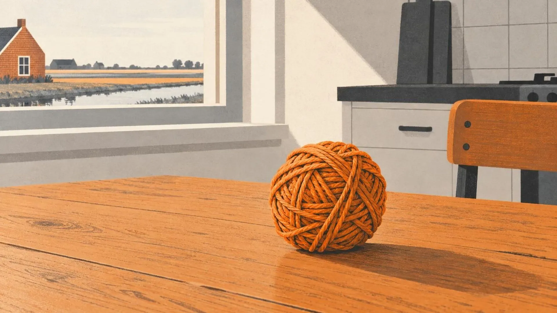 Een strak geknoopte bol touw die alleen op een houten keukentafel ligt.