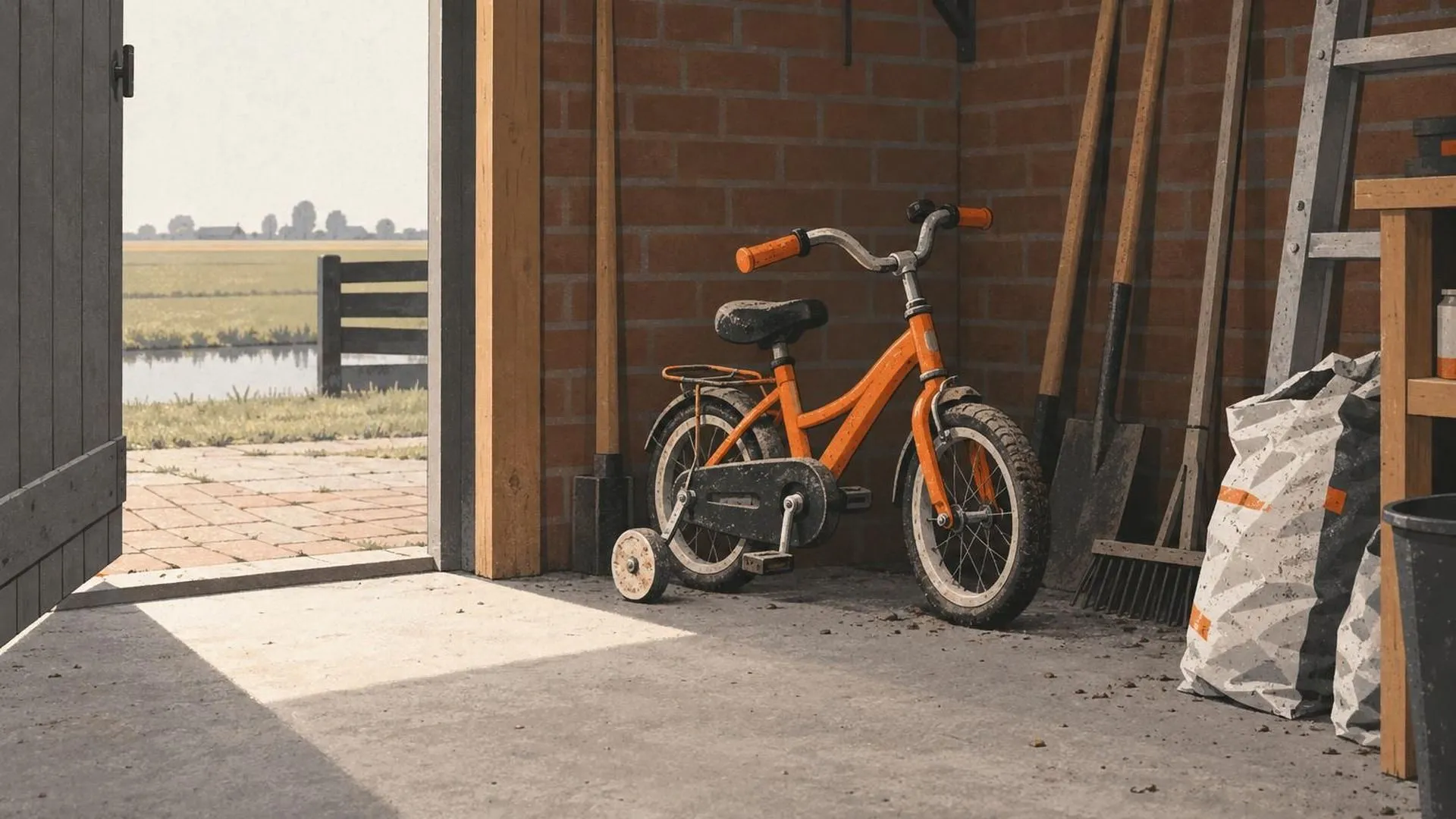 Een stoffige kinderfiets met zijwieltjes die alleen in de hoek van een Nederlandse tuinschuur staat, omringd door volwassen gereedschap en tassen.
