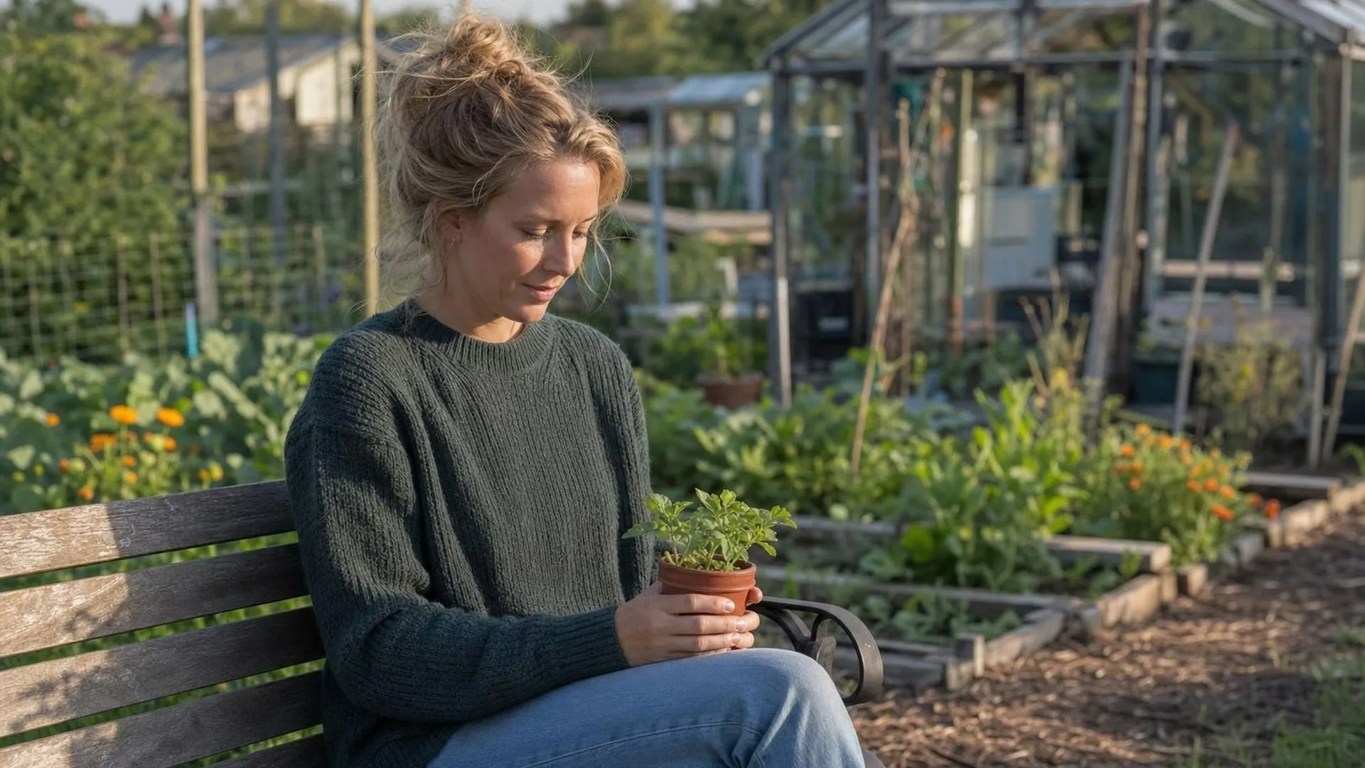 Persoon zit stil op een bankje in een volkstuin en kijkt peinzend naar een plant