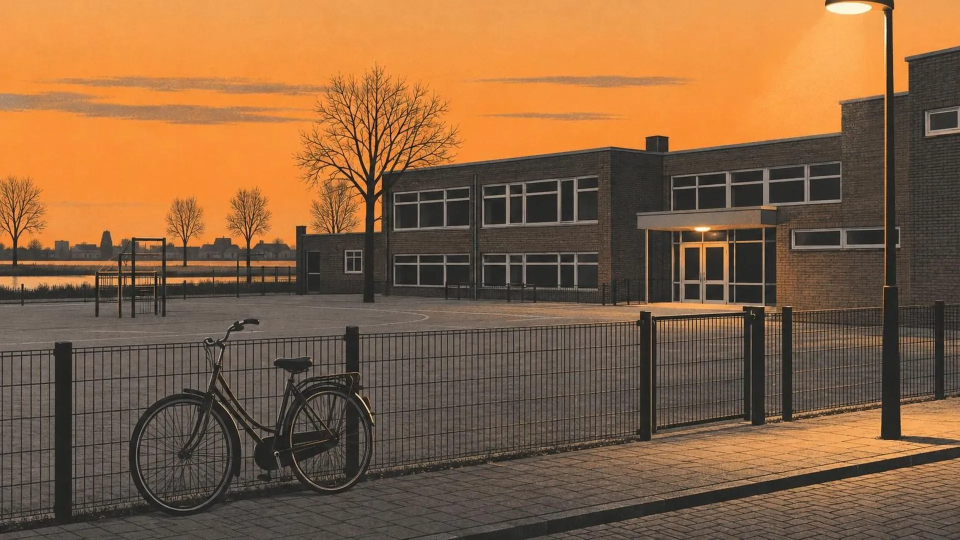 Een fiets die alleen tegen het hek van een schoolgebouw staat als het schoolplein al leeg is.