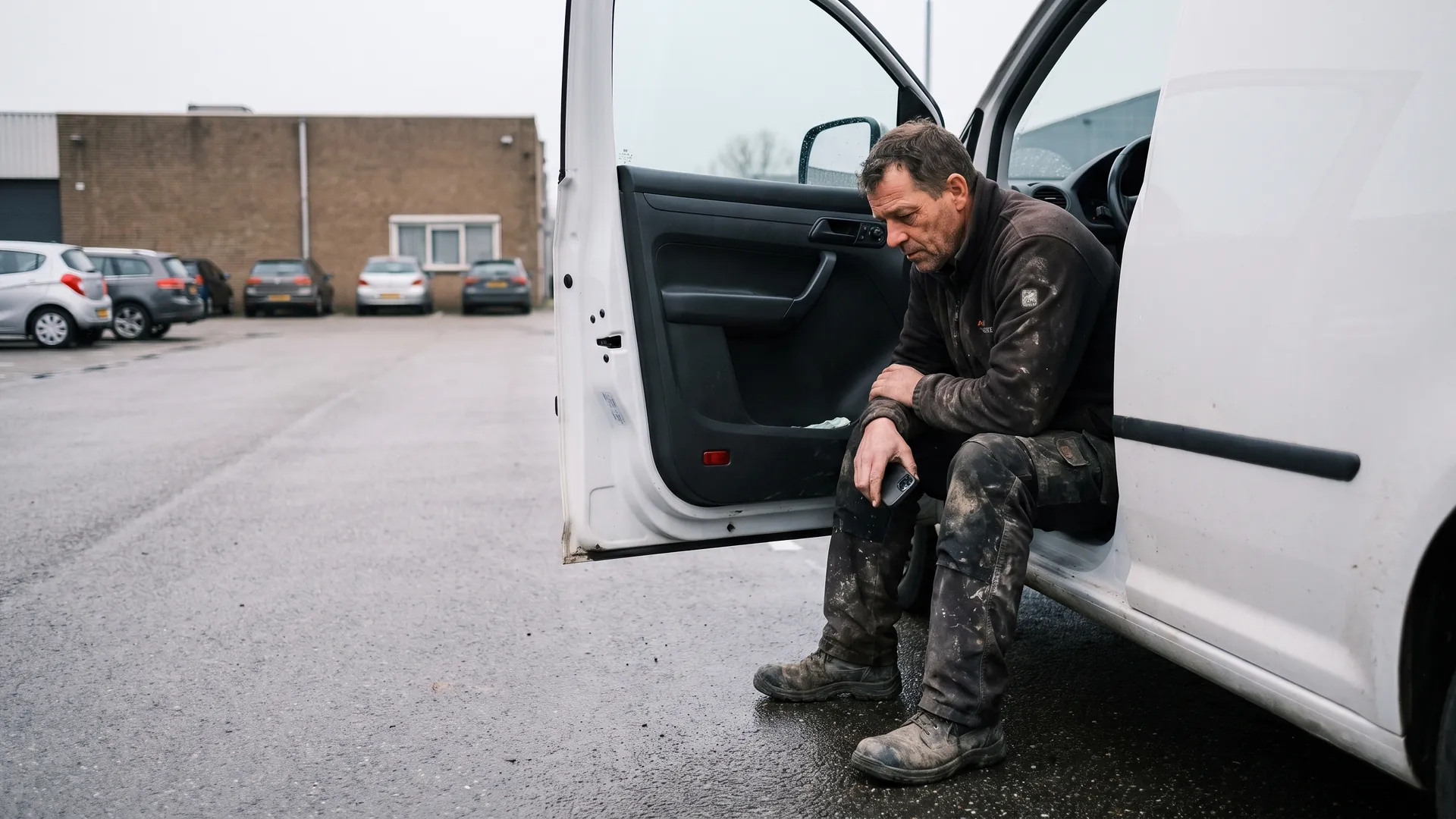 Man in werkkleding zit na zijn dienst in de open deur van zijn bestelbus op een leeg parkeerterrein