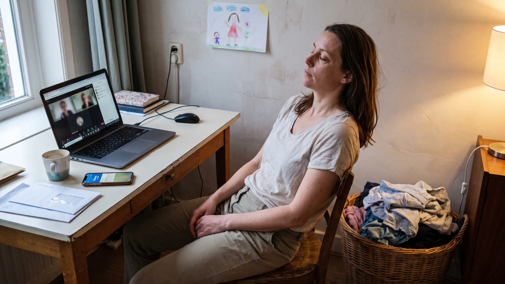 Vrouw leunt even achterover van haar bureau terwijl de videovergadering doorloopt, met een wasmand en ongeopende post naast zich