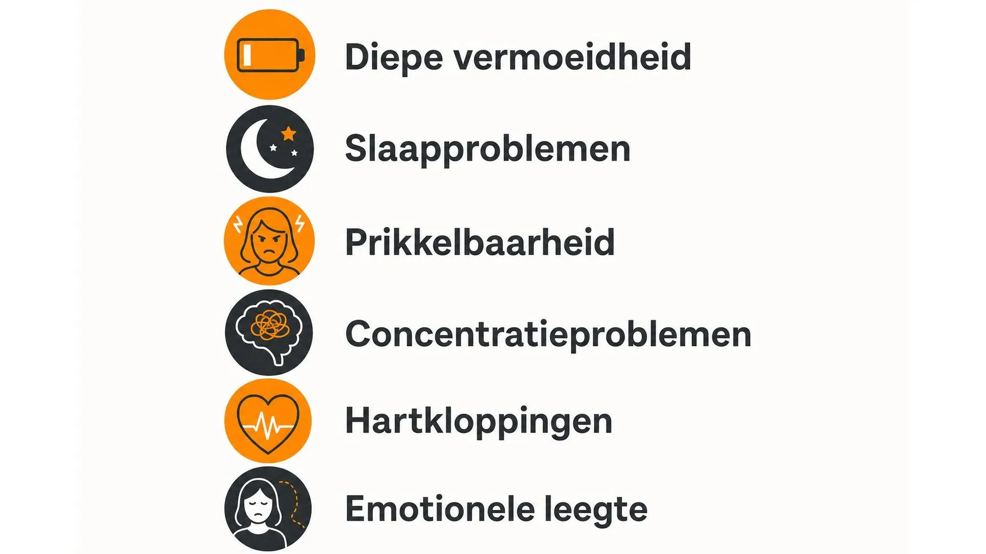 Zes veelvoorkomende burn-out symptomen bij vrouwen: diepe vermoeidheid, slaapproblemen, prikkelbaarheid, concentratieproblemen, hartkloppingen en emotionele leegte