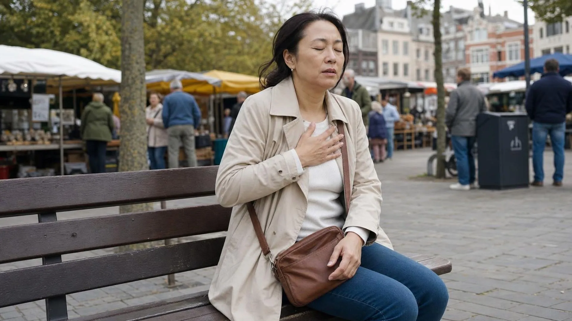 Vrouw op een bankje buiten met hand op de borst, even tot rust komend
