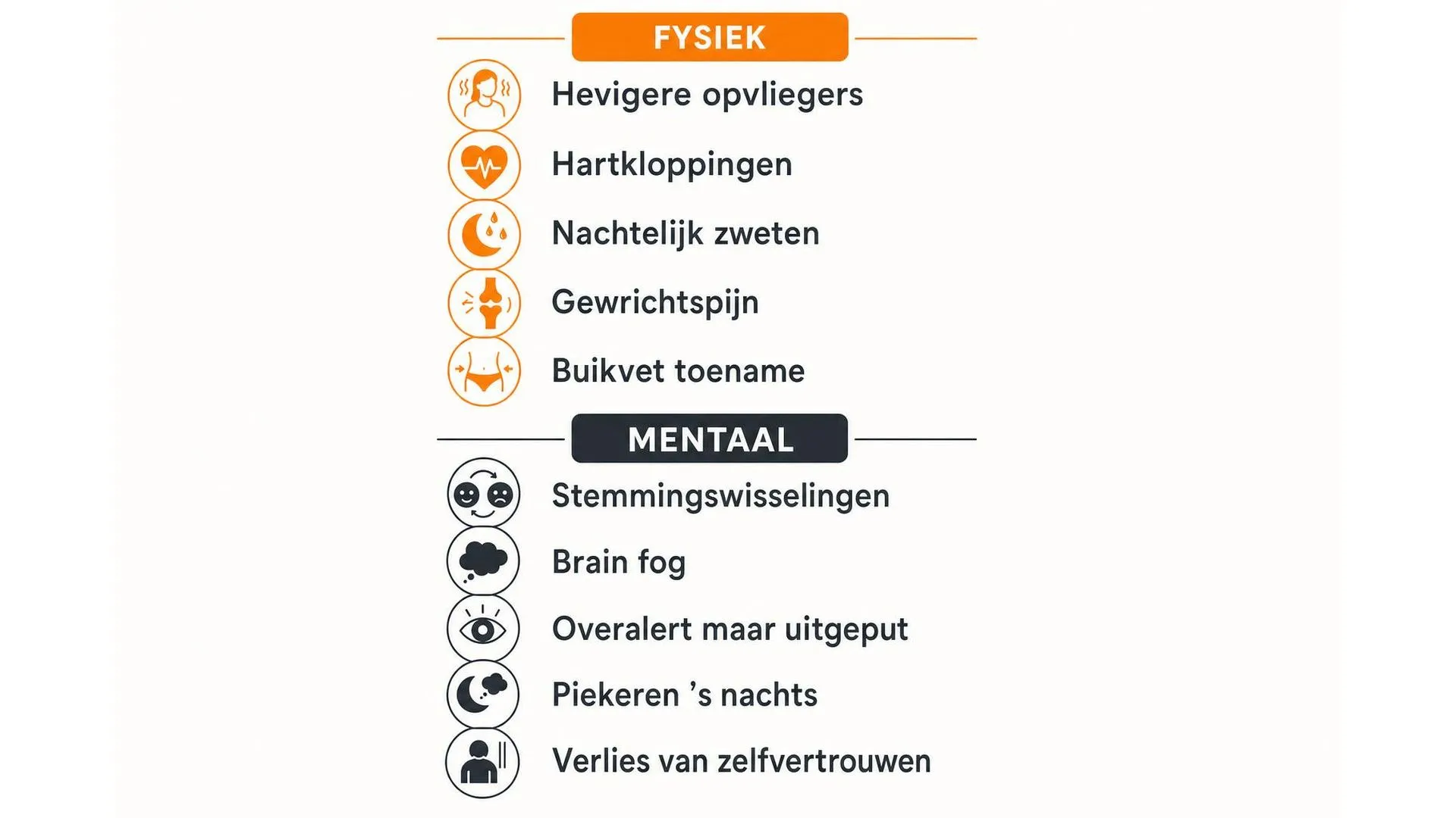 Twee kolommen met fysieke en mentale signalen dat stress en overgang elkaar versterken