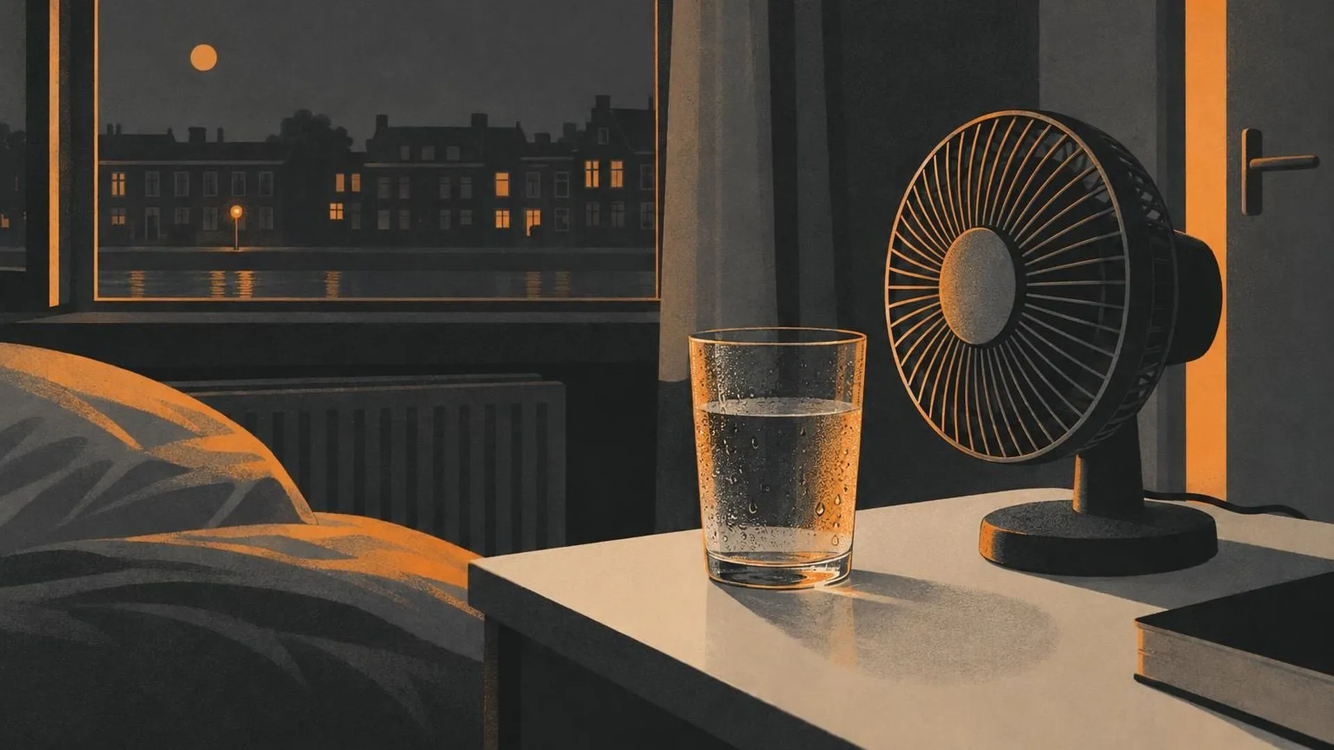 Close-up stilleven van een glas water en een klein ventilatortje op een nachtkastje, condens op het glas in het schemerdonker van de vroege ochtend.